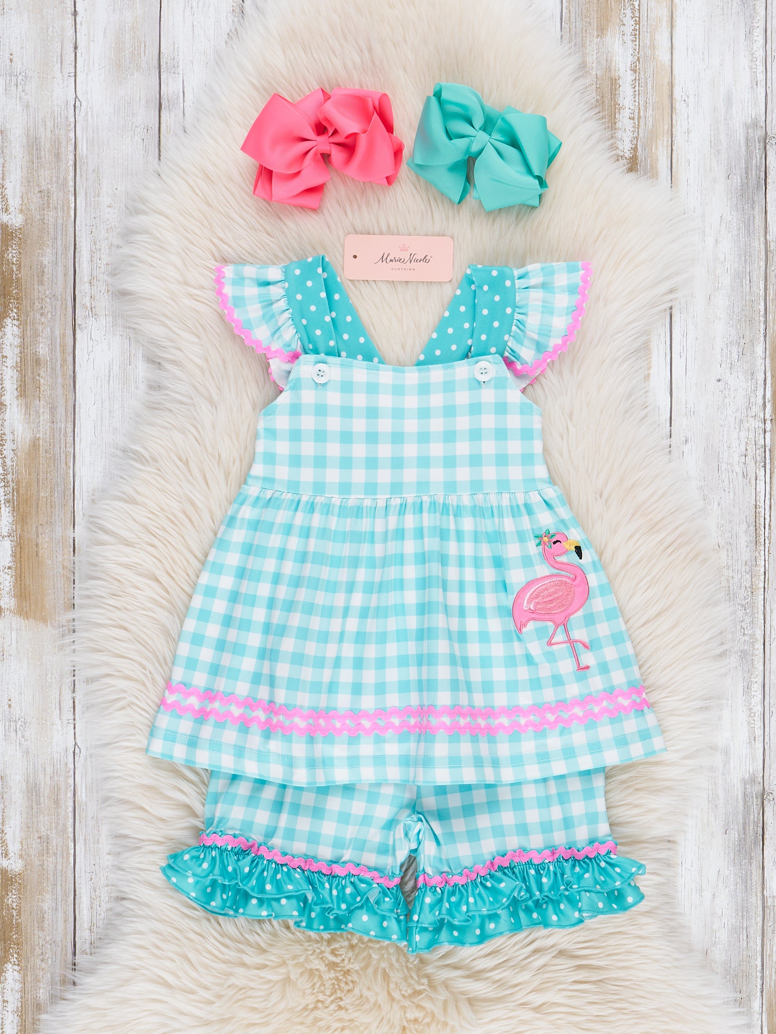 Gingham Embroidered Flamingo Party Ruffle Outfit - Marie Nicole Clothing