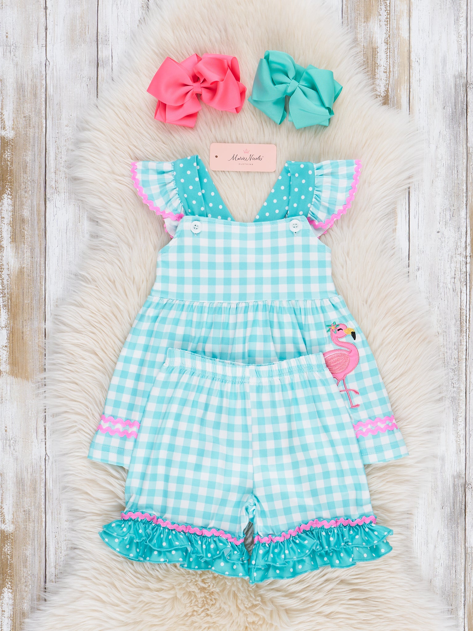 Gingham Embroidered Flamingo Party Ruffle Outfit - Marie Nicole Clothing