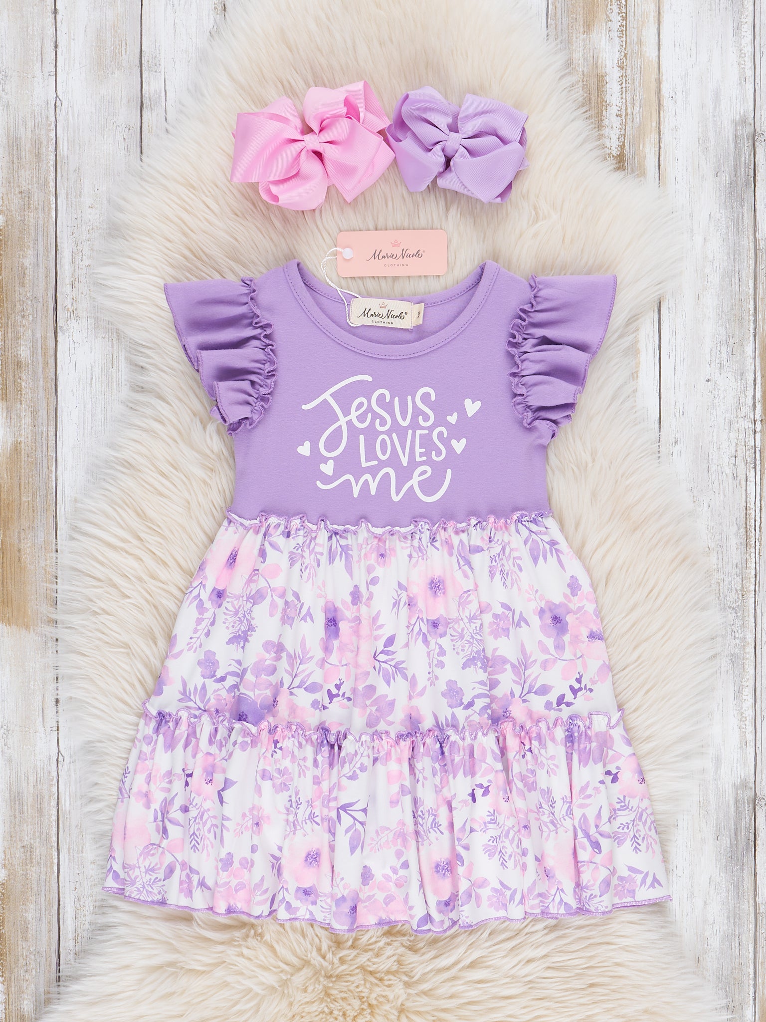 Purple "Jesus Loves Me" Ruffle Dress - Marie Nicole Clothing