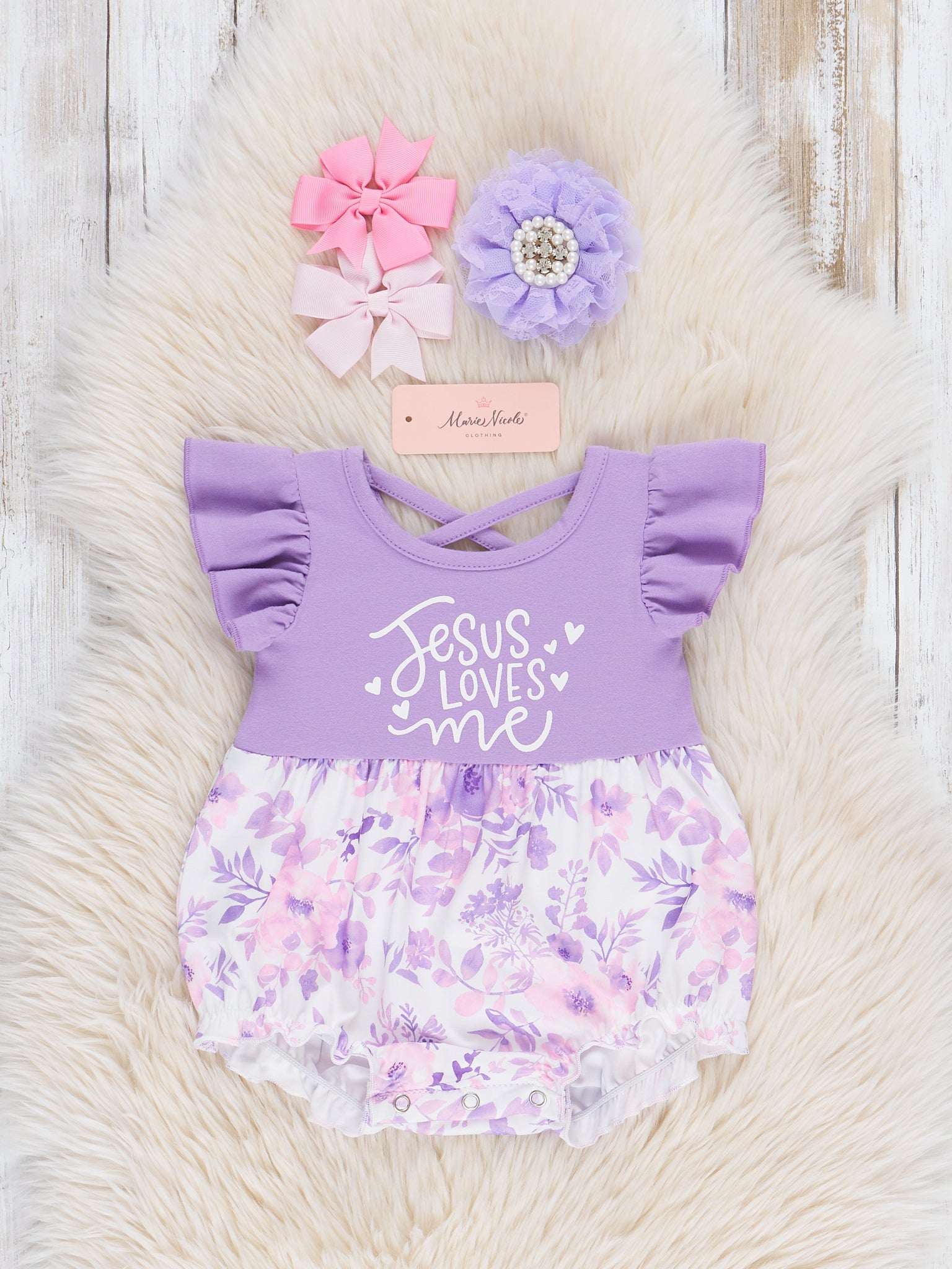 Purple "Jesus Loves Me" Ruffle Romper - Marie Nicole Clothing