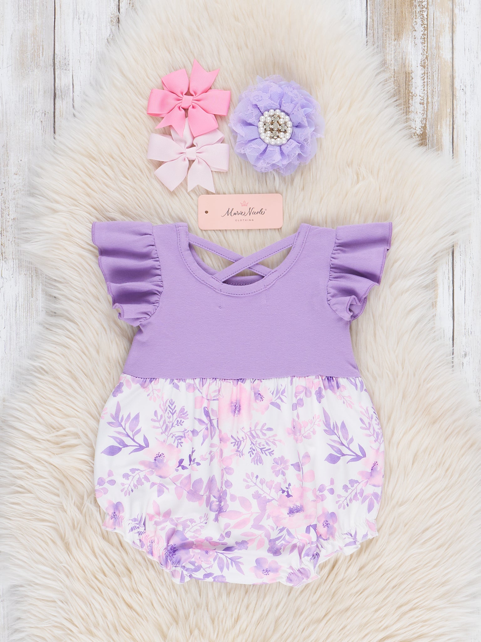 Purple "Jesus Loves Me" Ruffle Romper - Marie Nicole Clothing