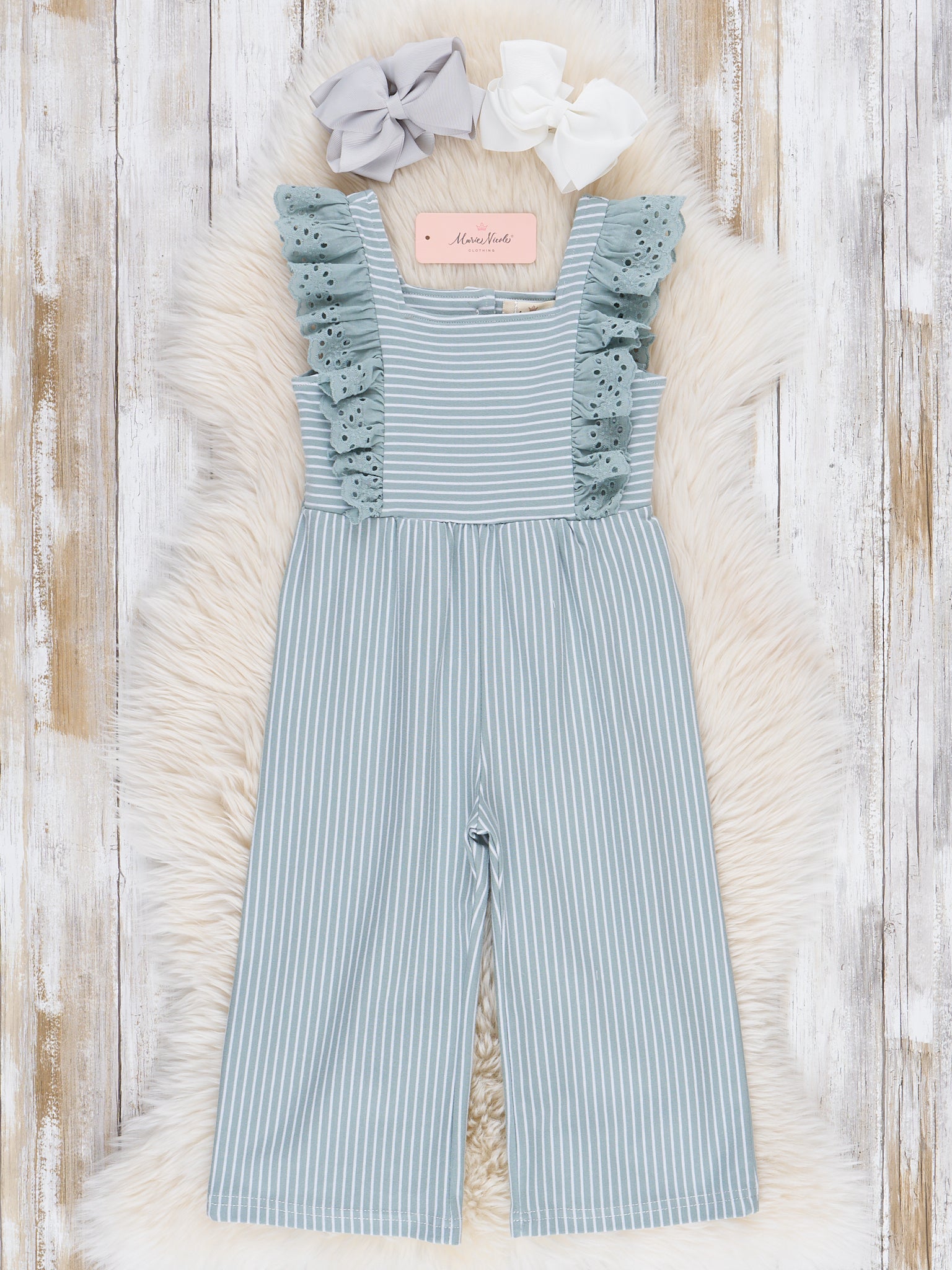 Sage Striped Eyelet Ruffle Jumpsuit - Marie Nicole Clothing
