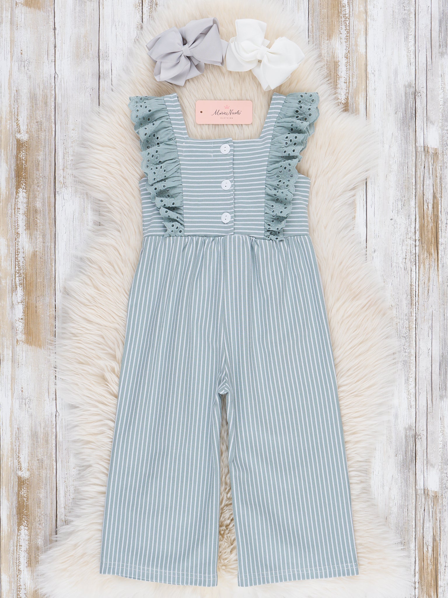 Sage Striped Eyelet Ruffle Jumpsuit - Marie Nicole Clothing