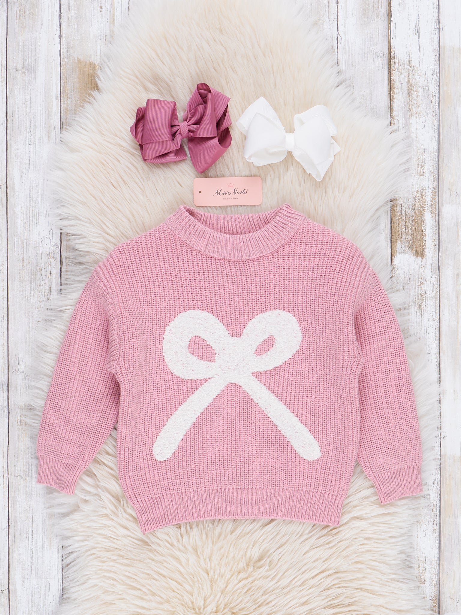 Pink Knit Bow Sweater - Marie Nicole Clothing