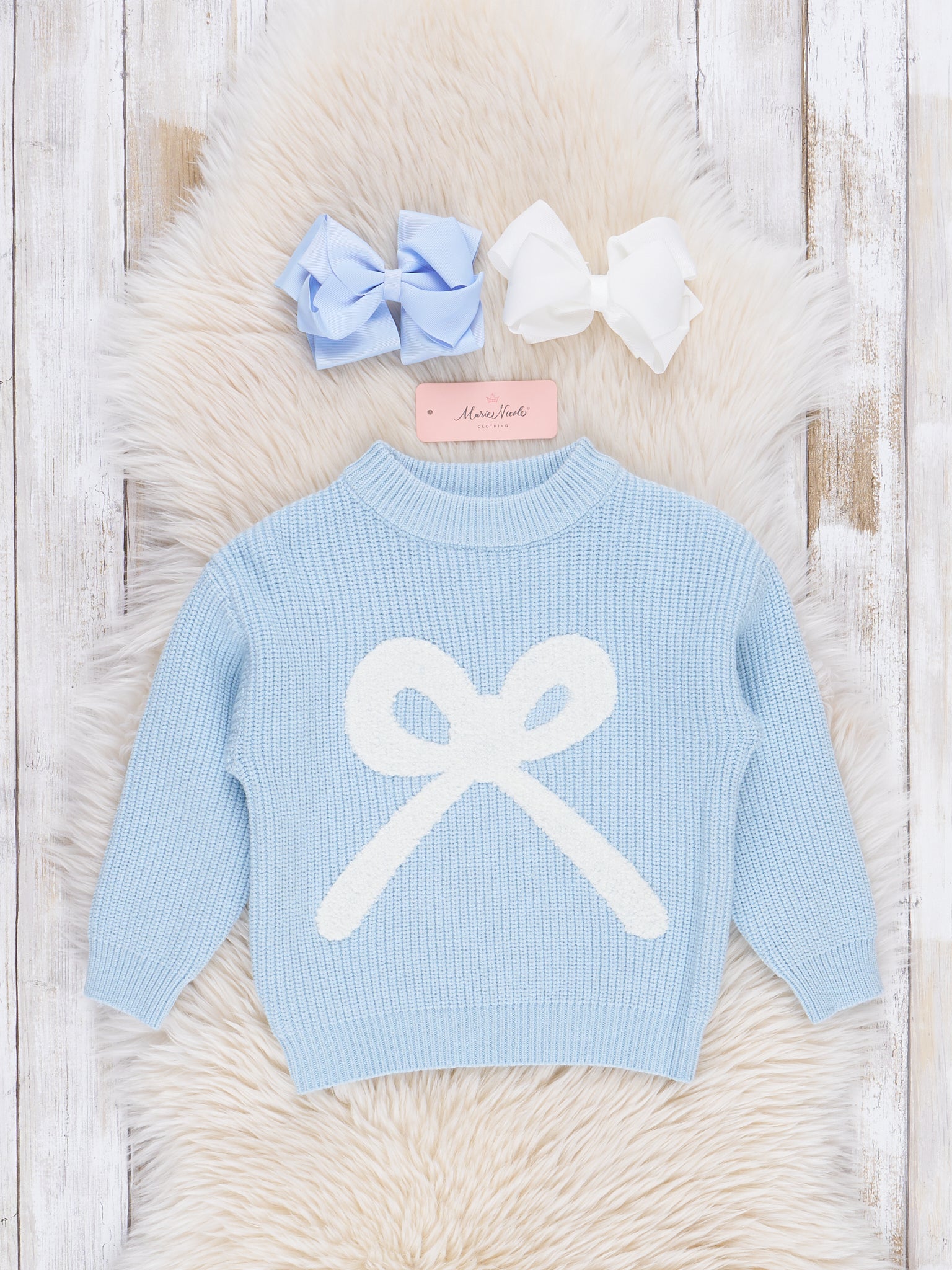 Blue Knit Bow Sweater - Marie Nicole Clothing