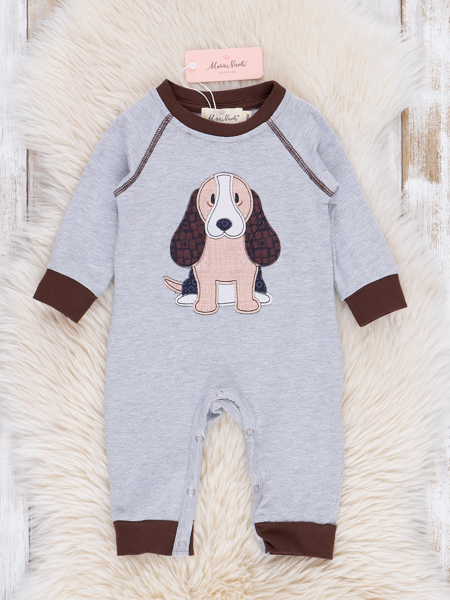 Grey & Brown Embroidered Puppy Romper - Marie Nicole Clothing