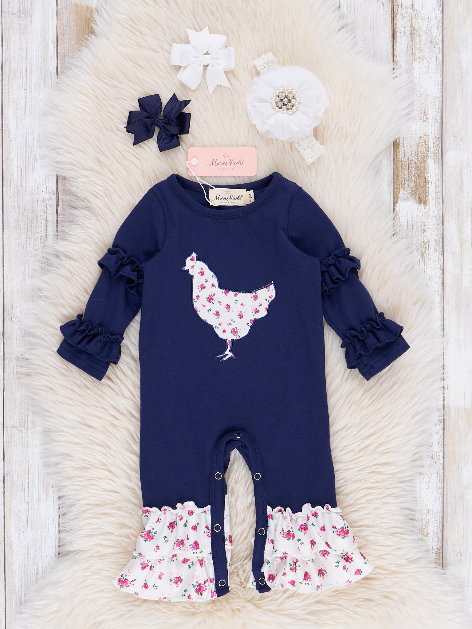 Vintage Floral Chicken Ruffle Romper - Marie Nicole Clothing