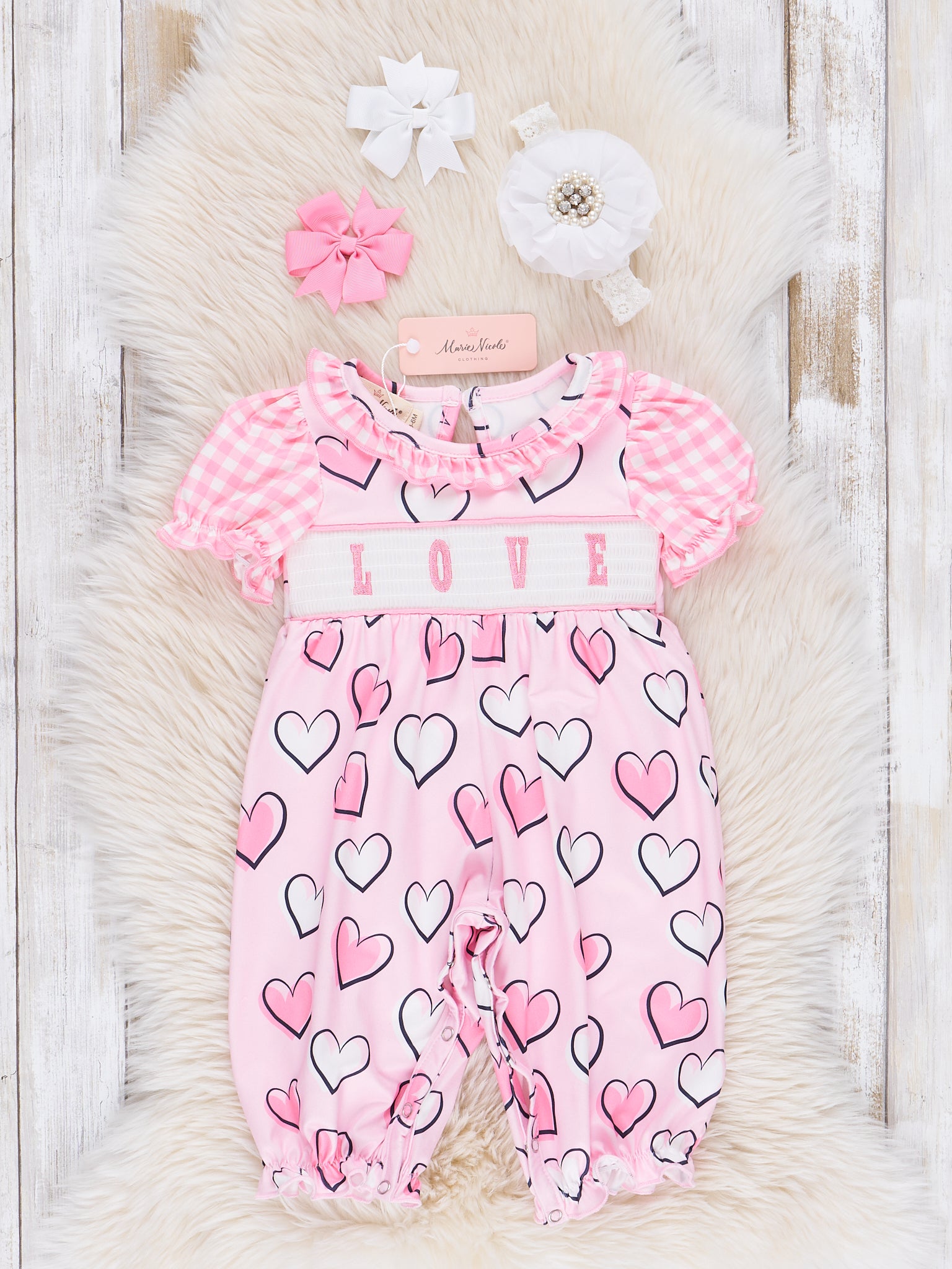 Pink Smocked Love Hearts Ruffle Romper - Marie Nicole Clothing