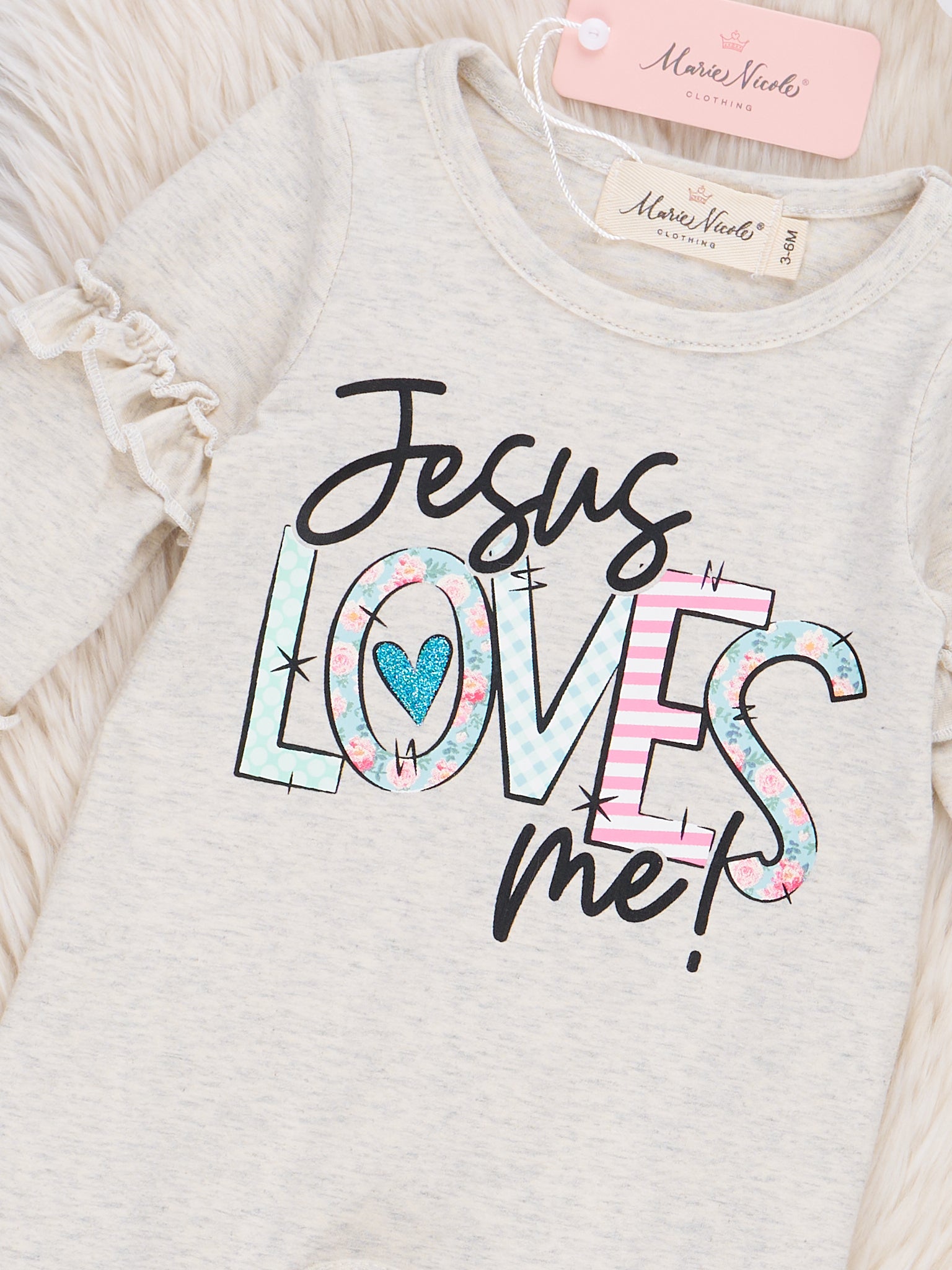 Grey Jesus Loves Me Ruffle Romper - Marie Nicole Clothing