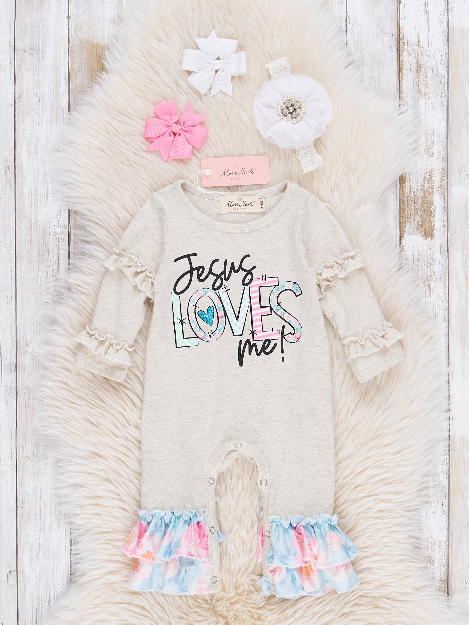 Grey Jesus Loves Me Ruffle Romper - Marie Nicole Clothing