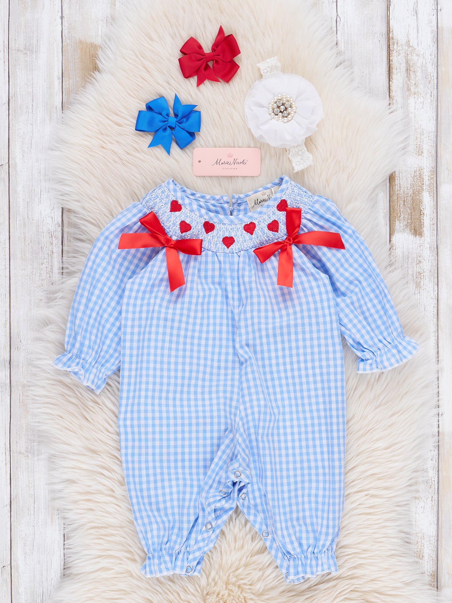 Blue Gingham Smocked Hearts Romper - Marie Nicole Clothing