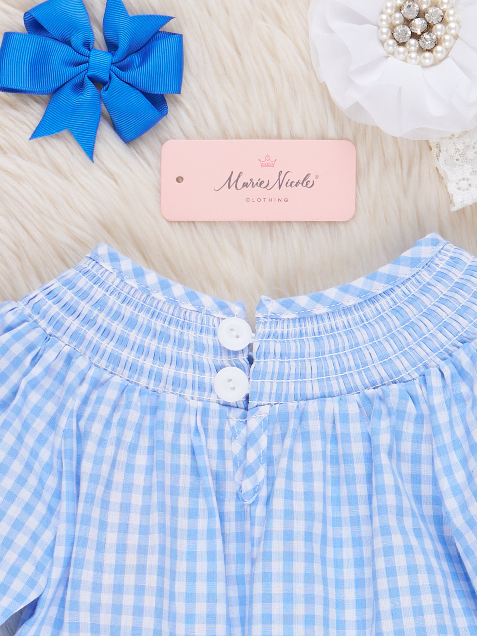 Blue Gingham Smocked Hearts Romper - Marie Nicole Clothing