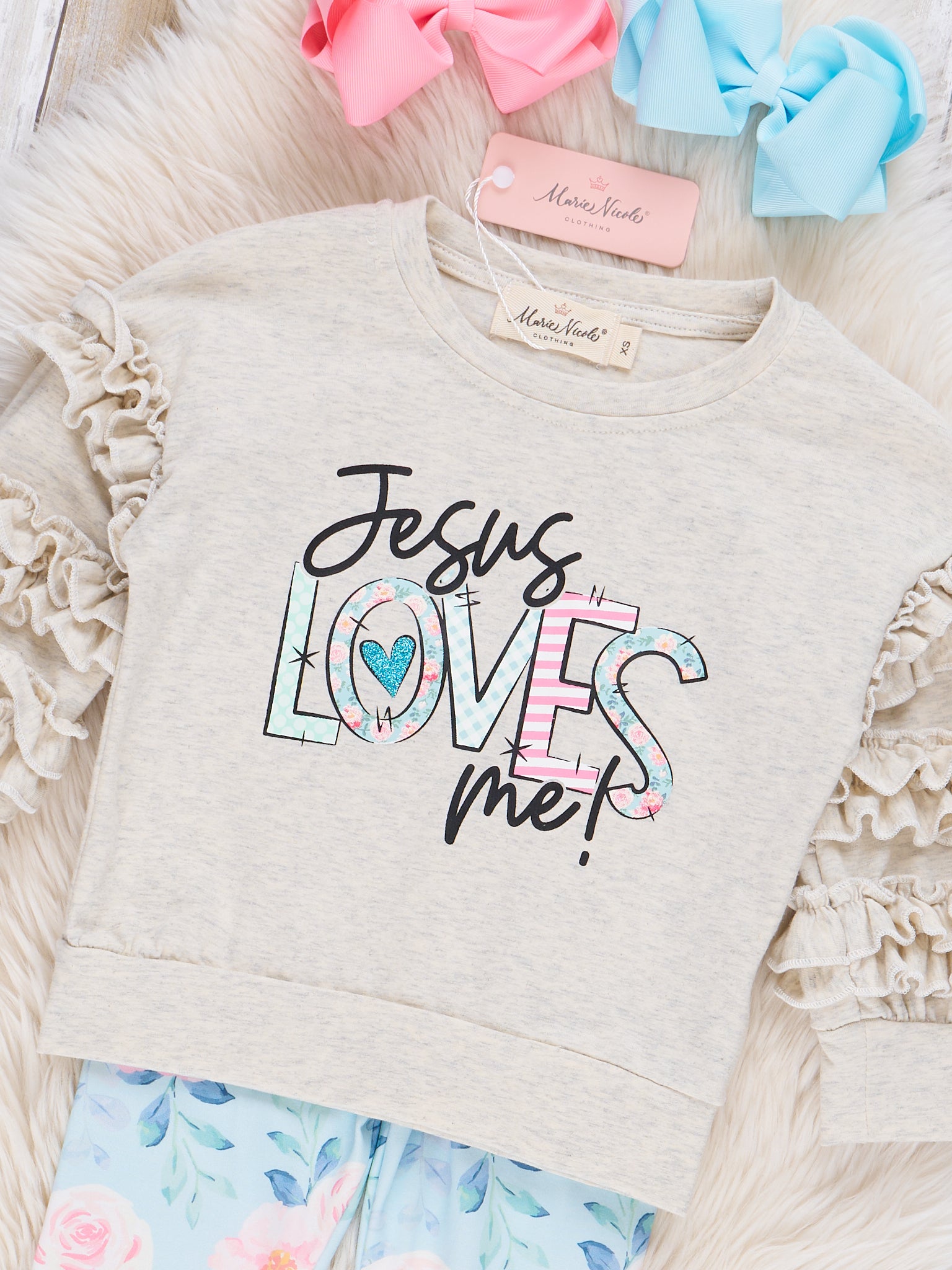 Grey Jesus Loves Me Ruffle Outfit - Marie Nicole Clothing