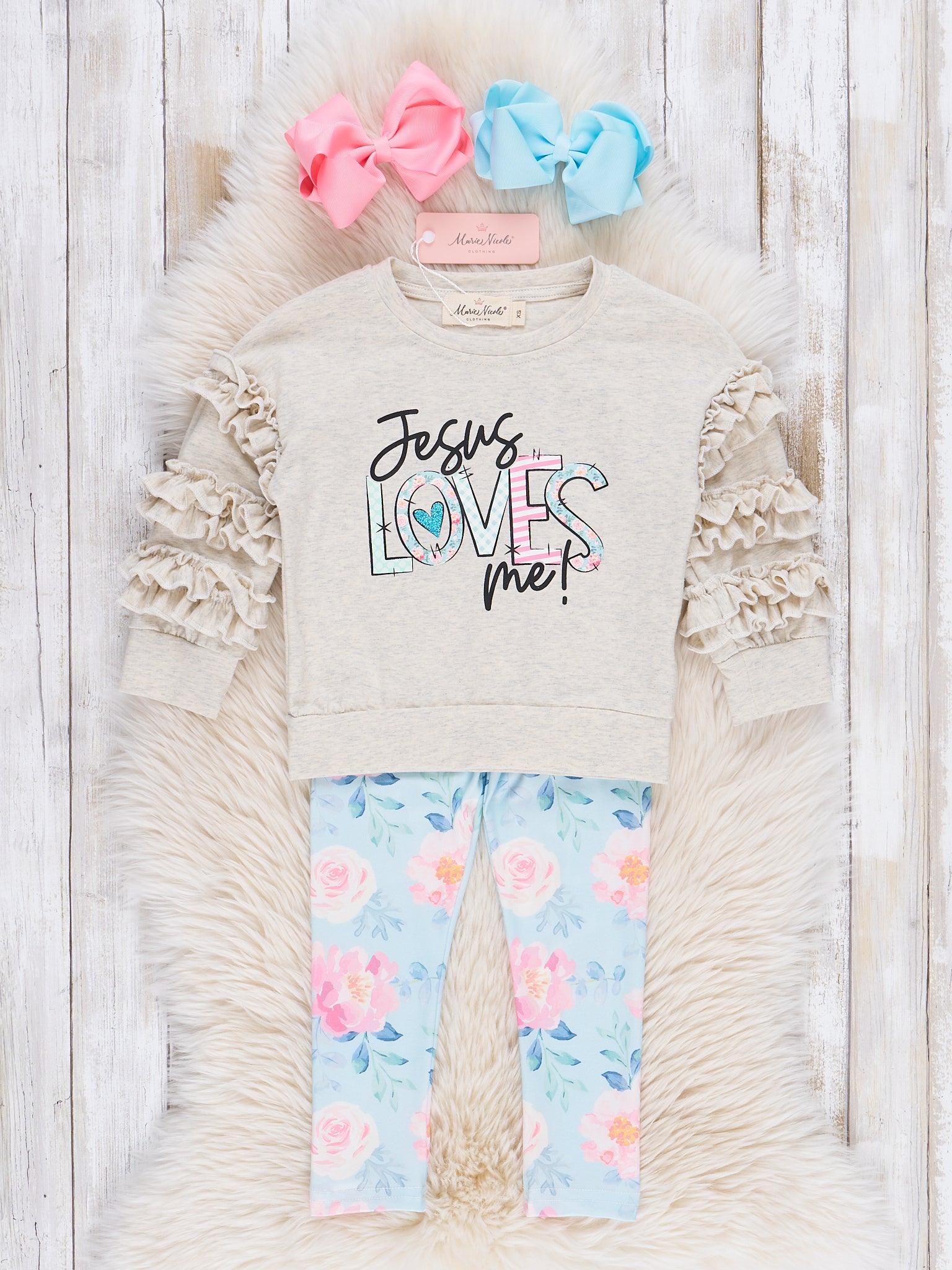 Grey Jesus Loves Me Ruffle Outfit - Marie Nicole Clothing