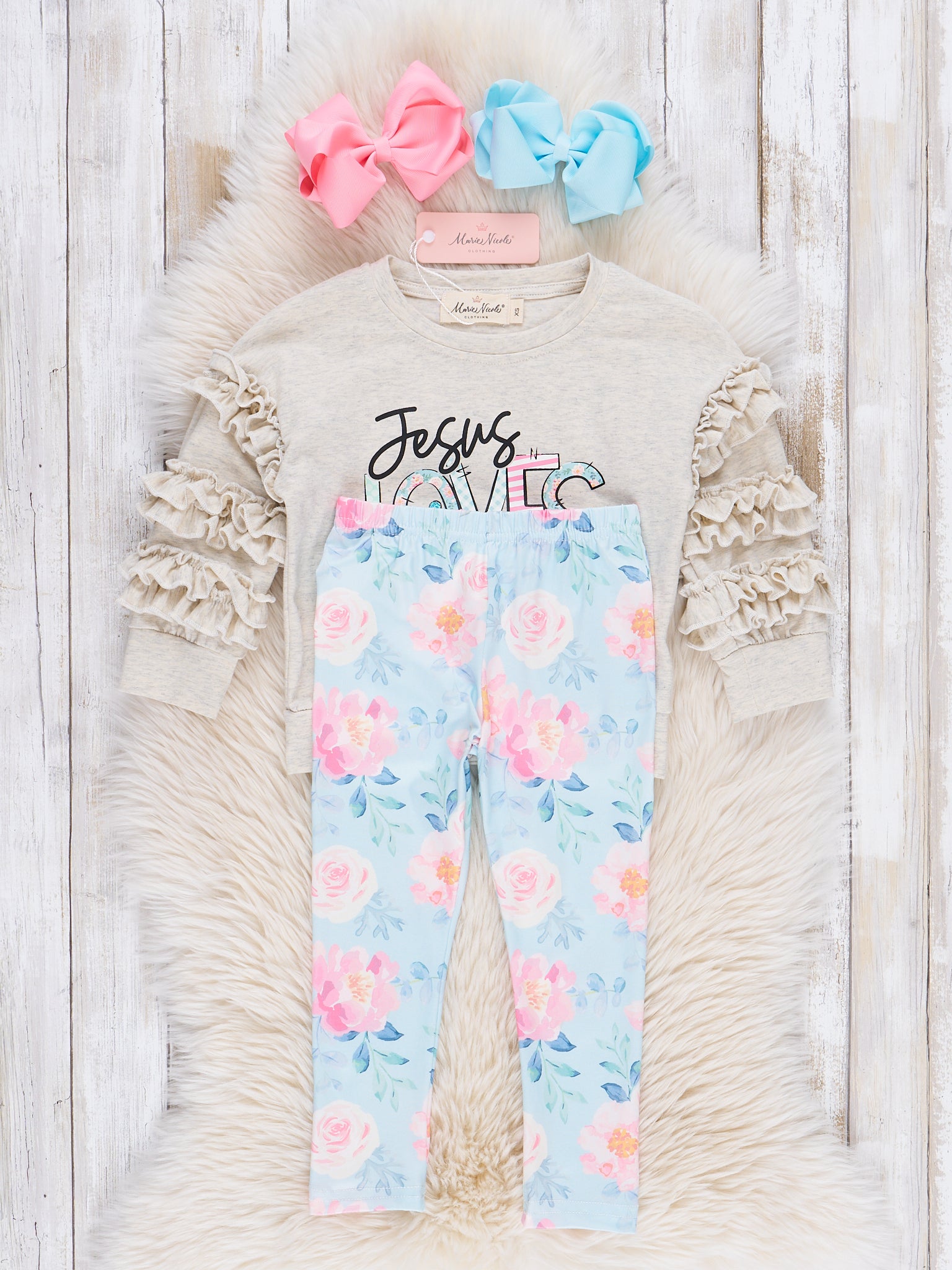 Grey Jesus Loves Me Ruffle Outfit - Marie Nicole Clothing