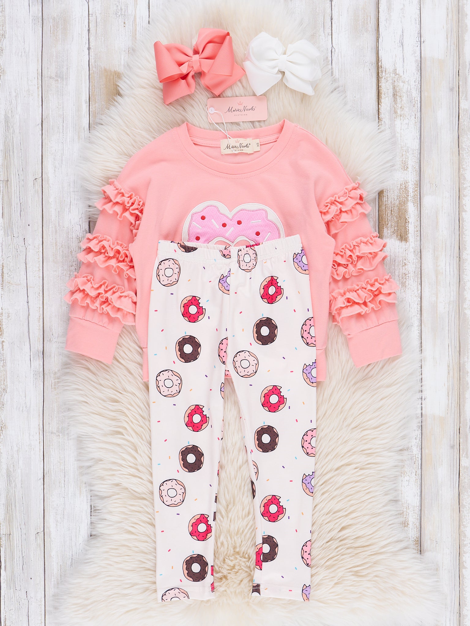 Coral & Brown Donut Hearts Ruffle Outfit - Marie Nicole Clothing
