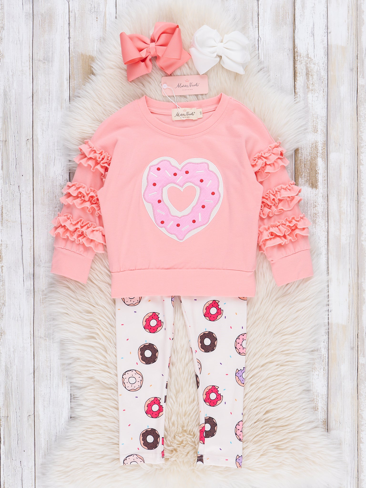 Coral & Brown Donut Hearts Ruffle Outfit - Marie Nicole Clothing