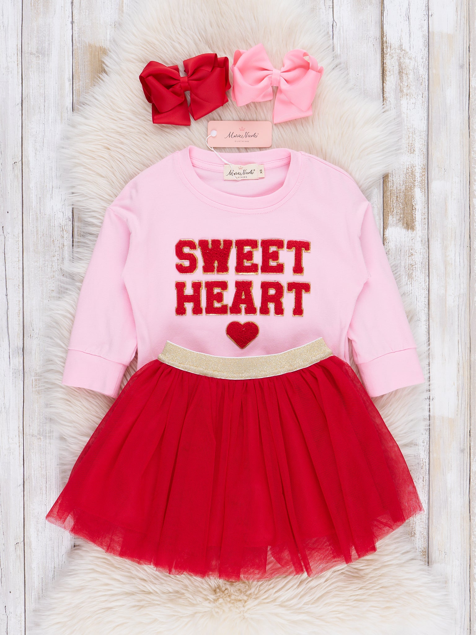 Pink & Red Sweet Heart Outfit w/ Tulle Skirt - Marie Nicole Clothing
