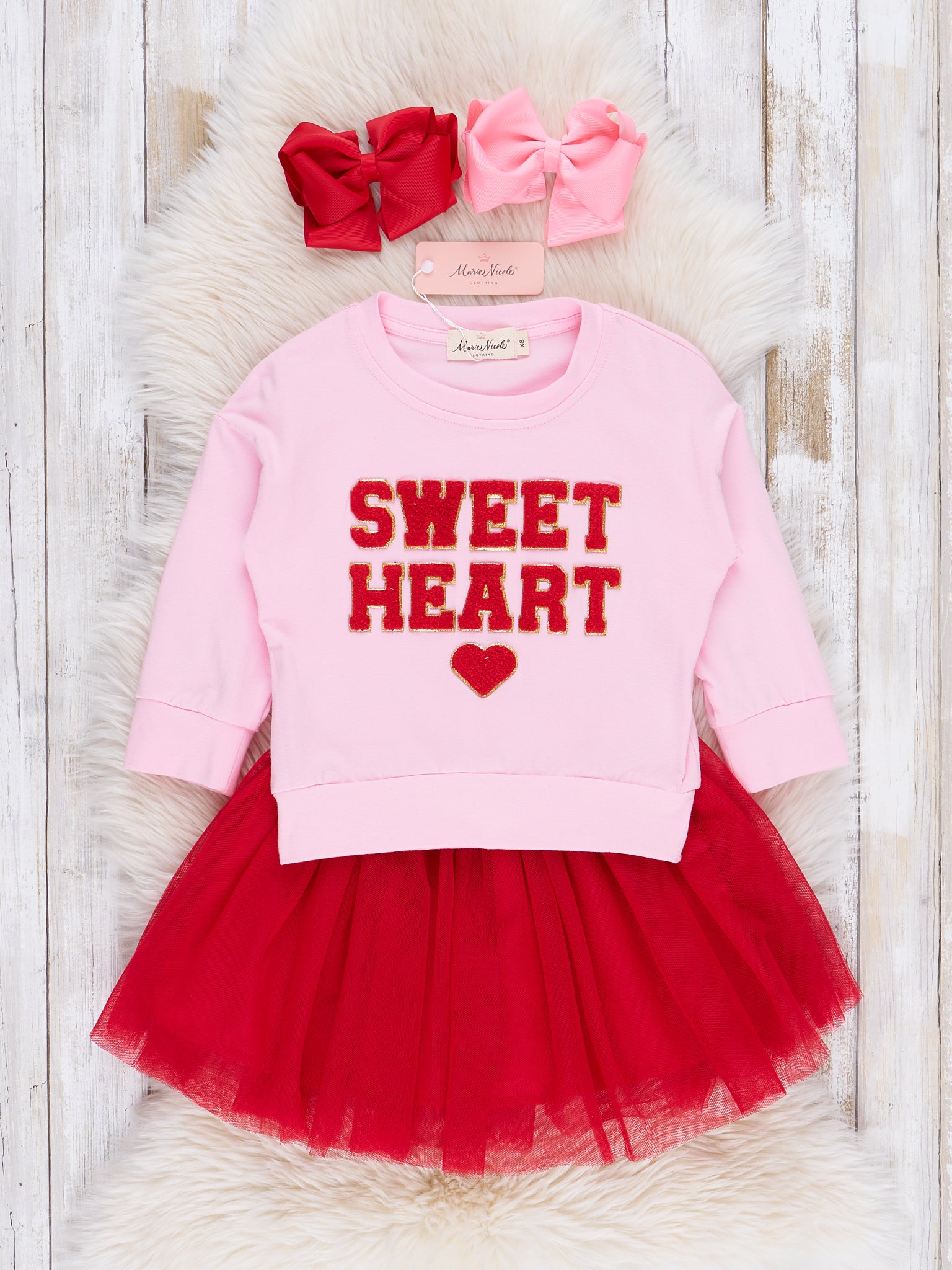 Pink & Red Sweet Heart Outfit w/ Tulle Skirt - Marie Nicole Clothing
