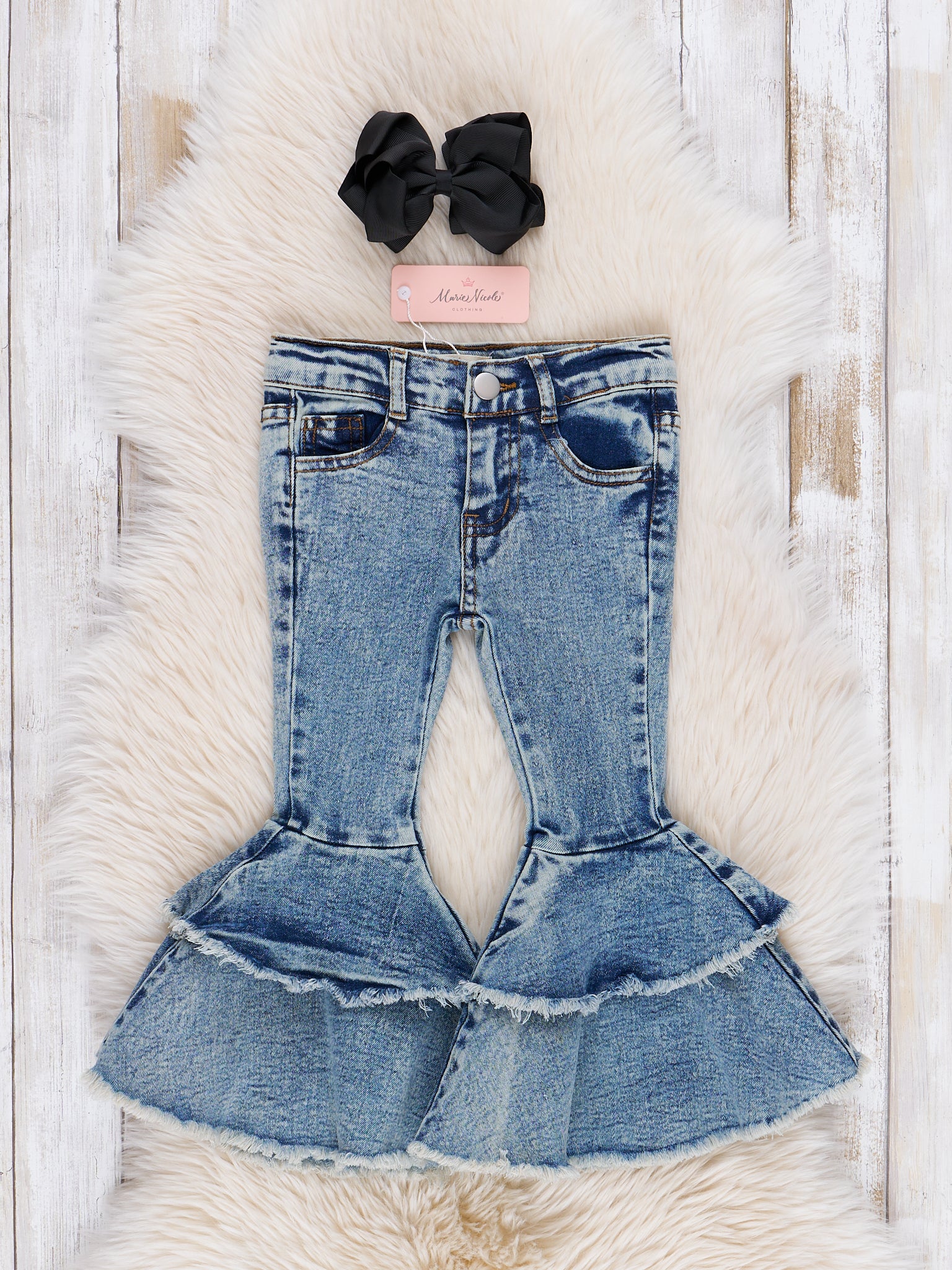 Dark Wash Denim Double Tier Bell Bottom Pants - Marie Nicole Clothing