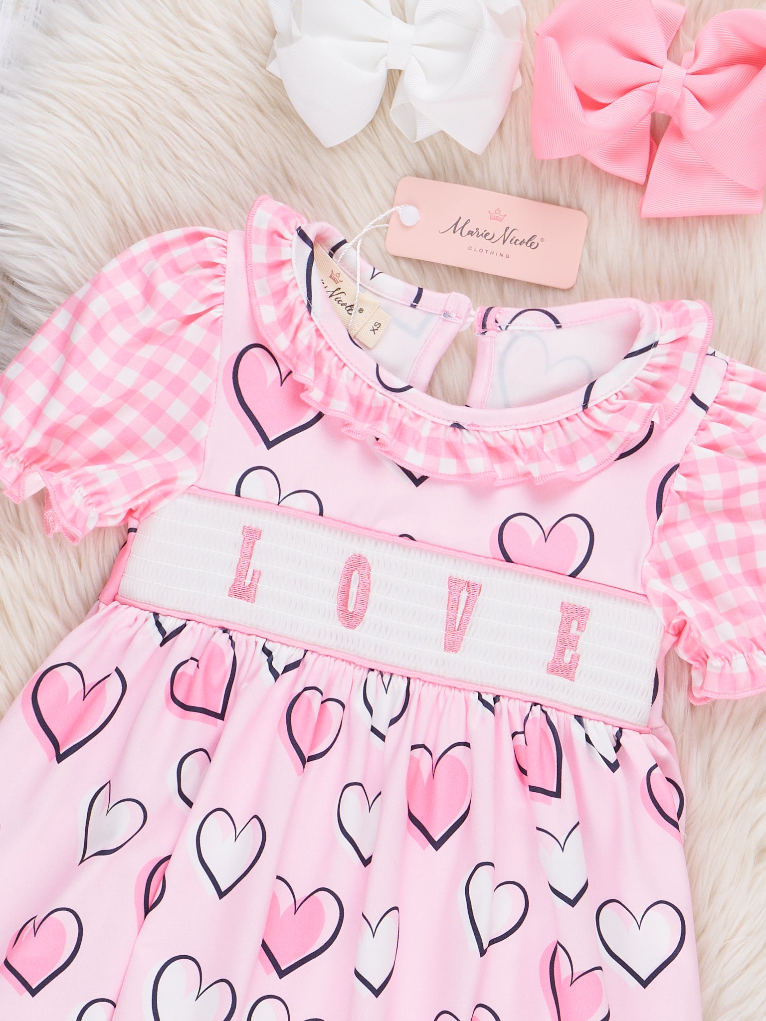 Pink Smocked Love Hearts Ruffle Dress - Marie Nicole Clothing