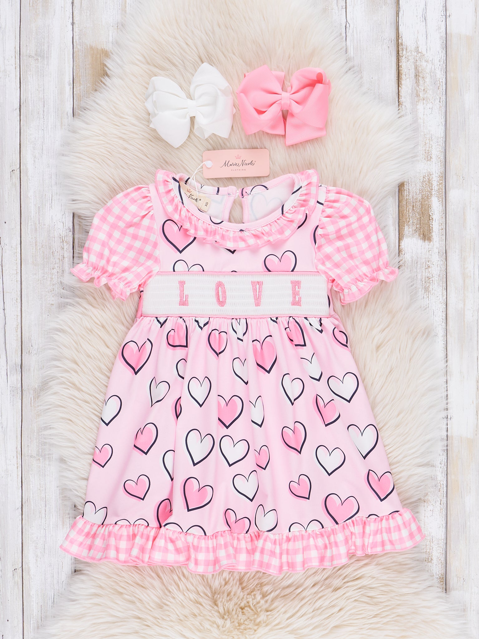 Pink Smocked Love Hearts Ruffle Dress - Marie Nicole Clothing