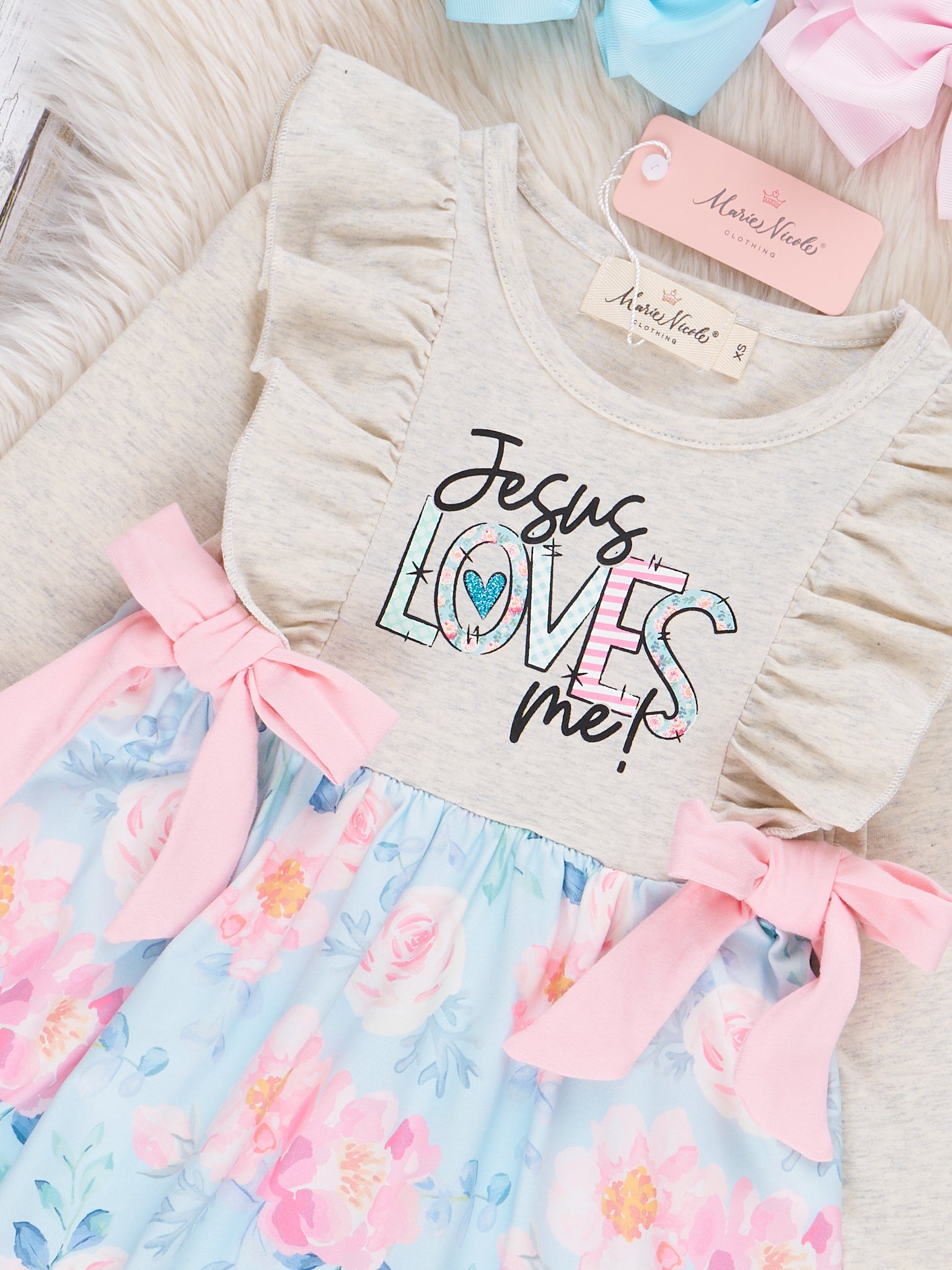 Grey Jesus Loves Me Ruffle Dress - Marie Nicole Clothing