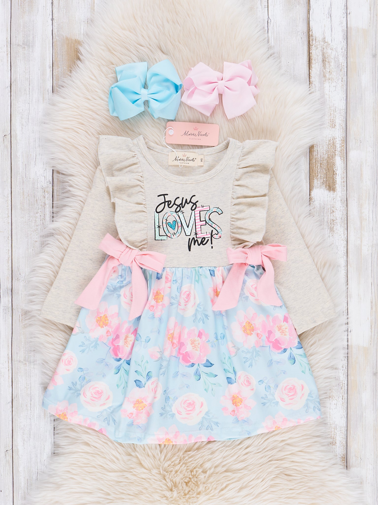 Grey Jesus Loves Me Ruffle Dress - Marie Nicole Clothing