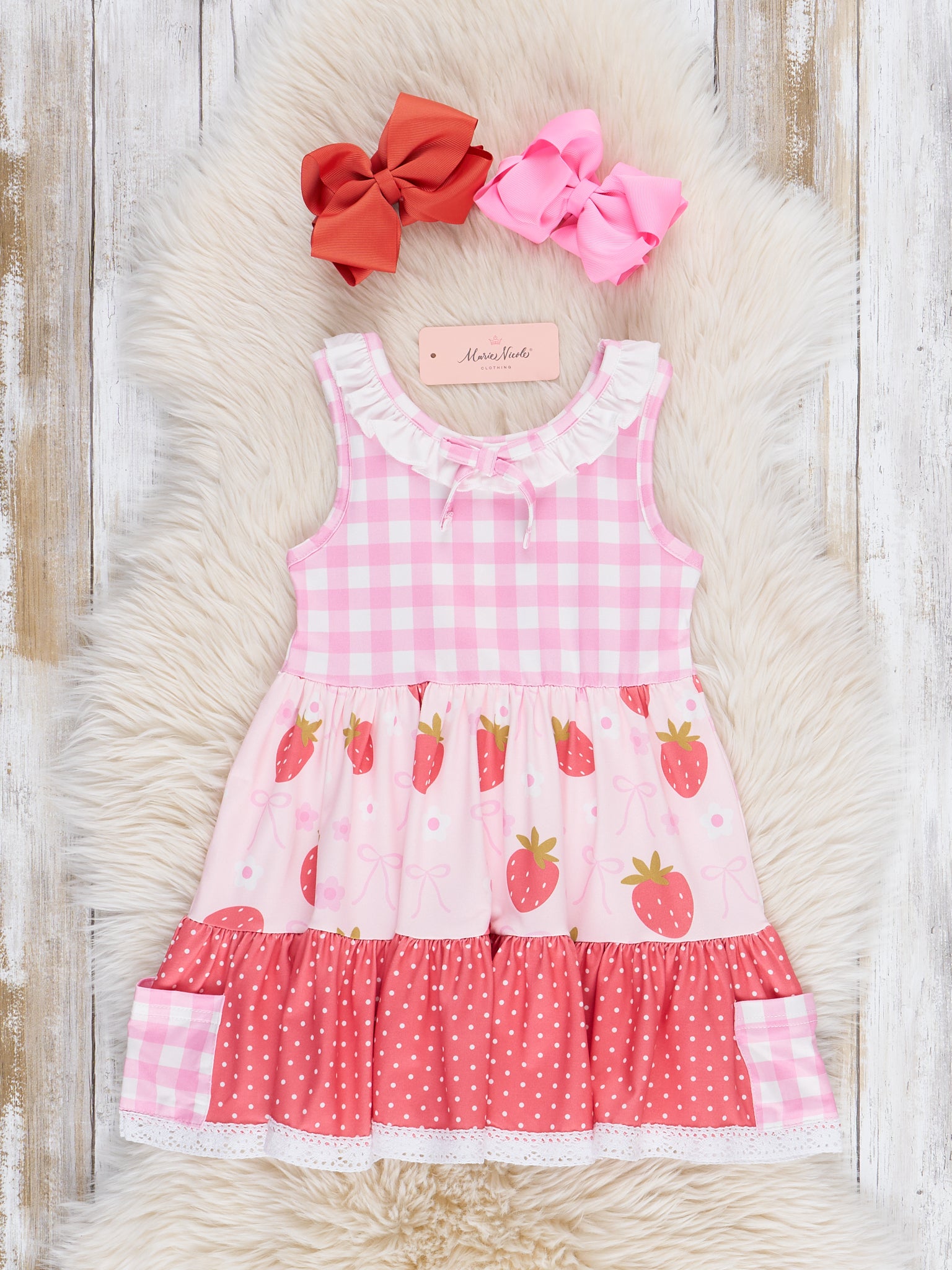 Gingham Strawberry Patch Ruffle Dress - Marie Nicole Clothing