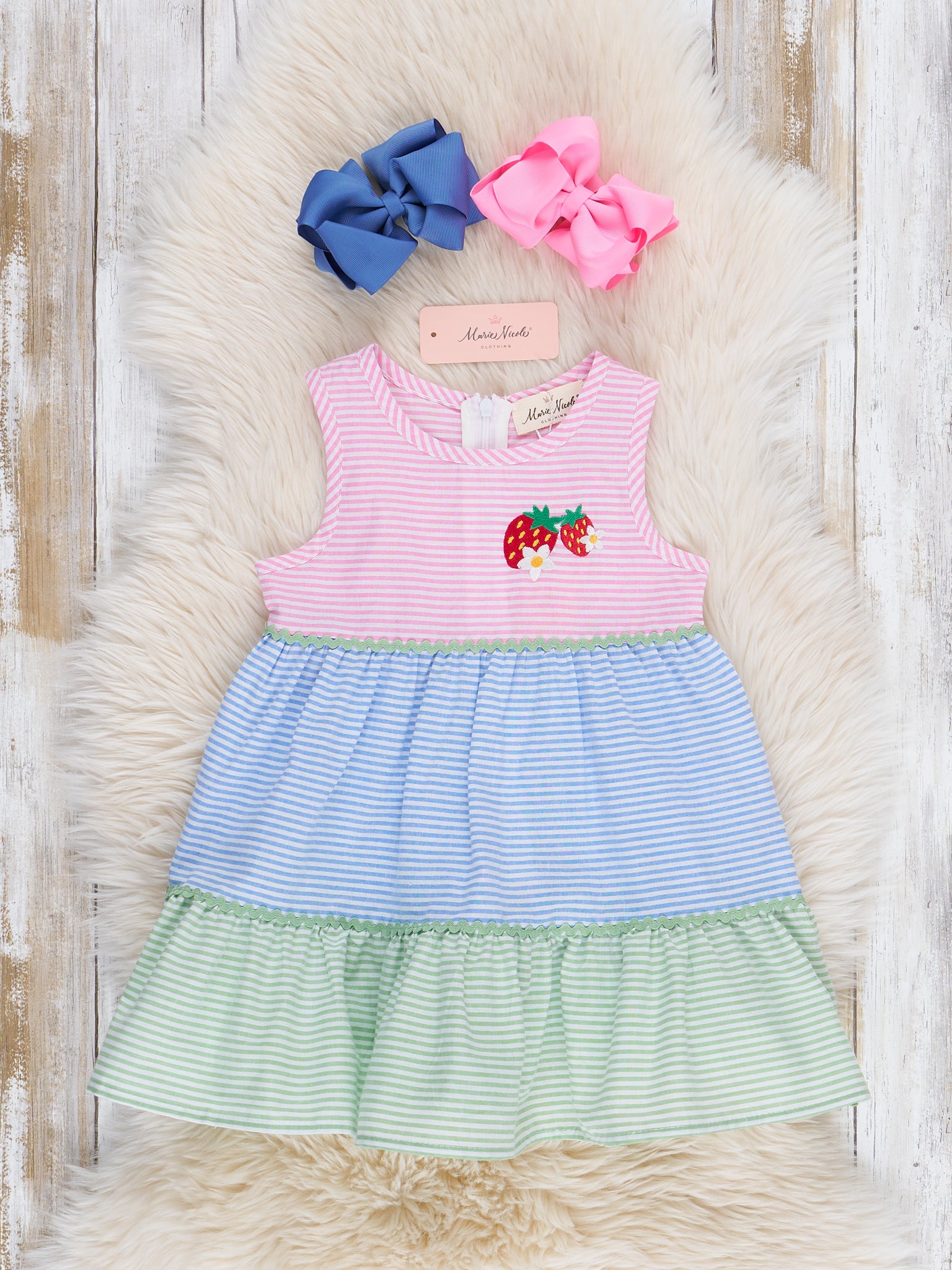 Embroidered Strawberry Striped Dress - Marie Nicole Clothing