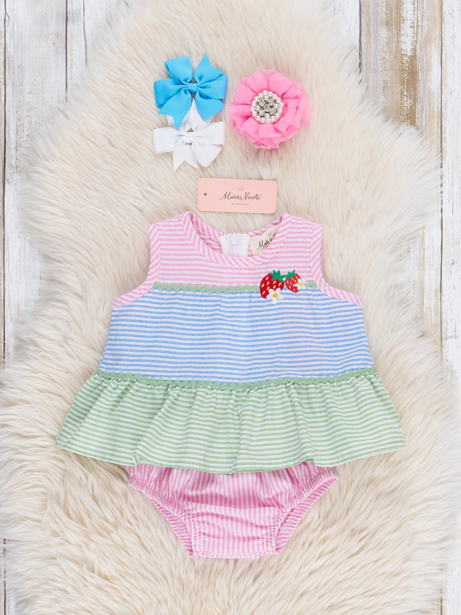 Embroidered Strawberry Striped Bloomers Outfit - Marie Nicole Clothing
