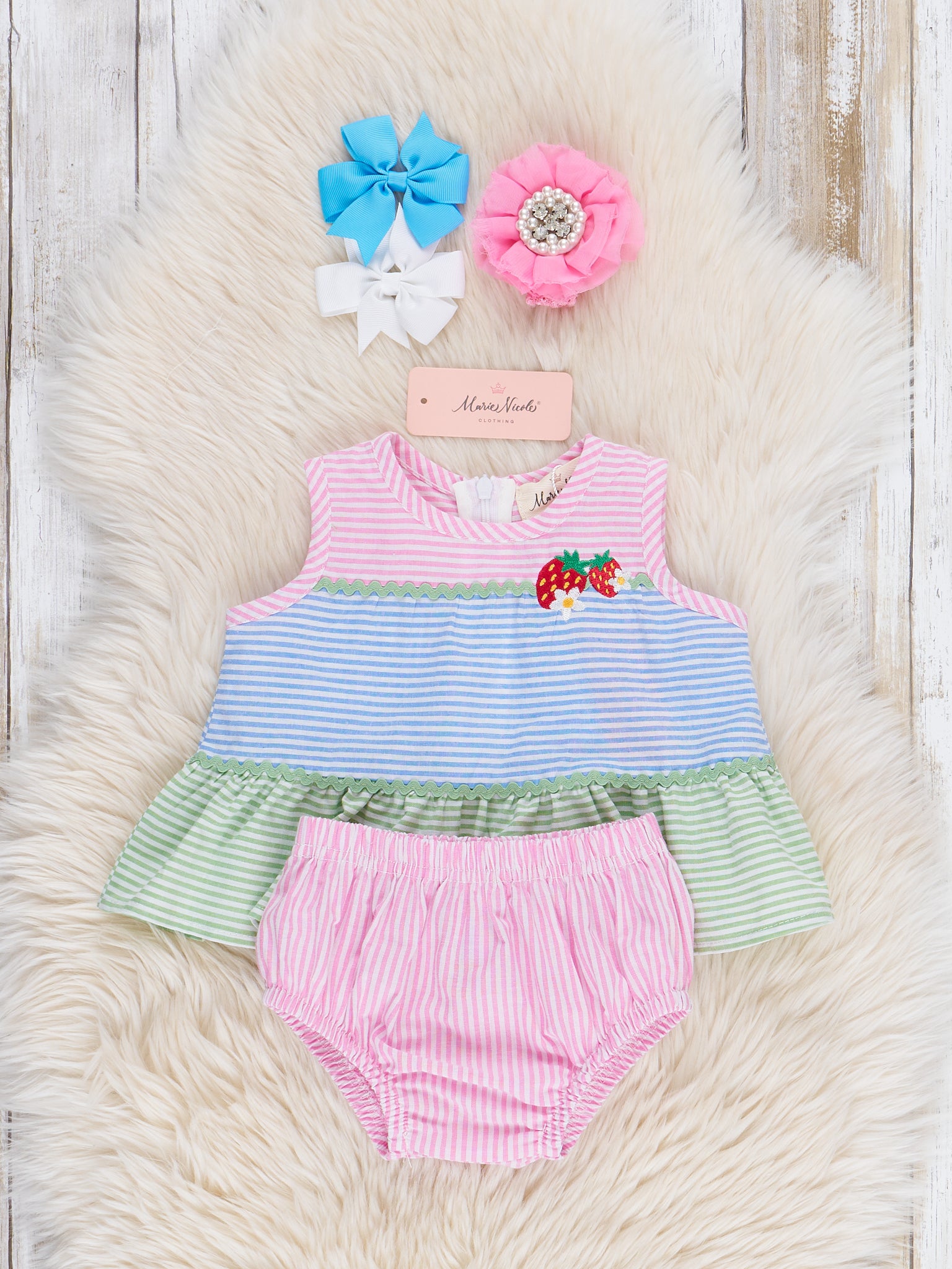 Embroidered Strawberry Striped Bloomers Outfit - Marie Nicole Clothing