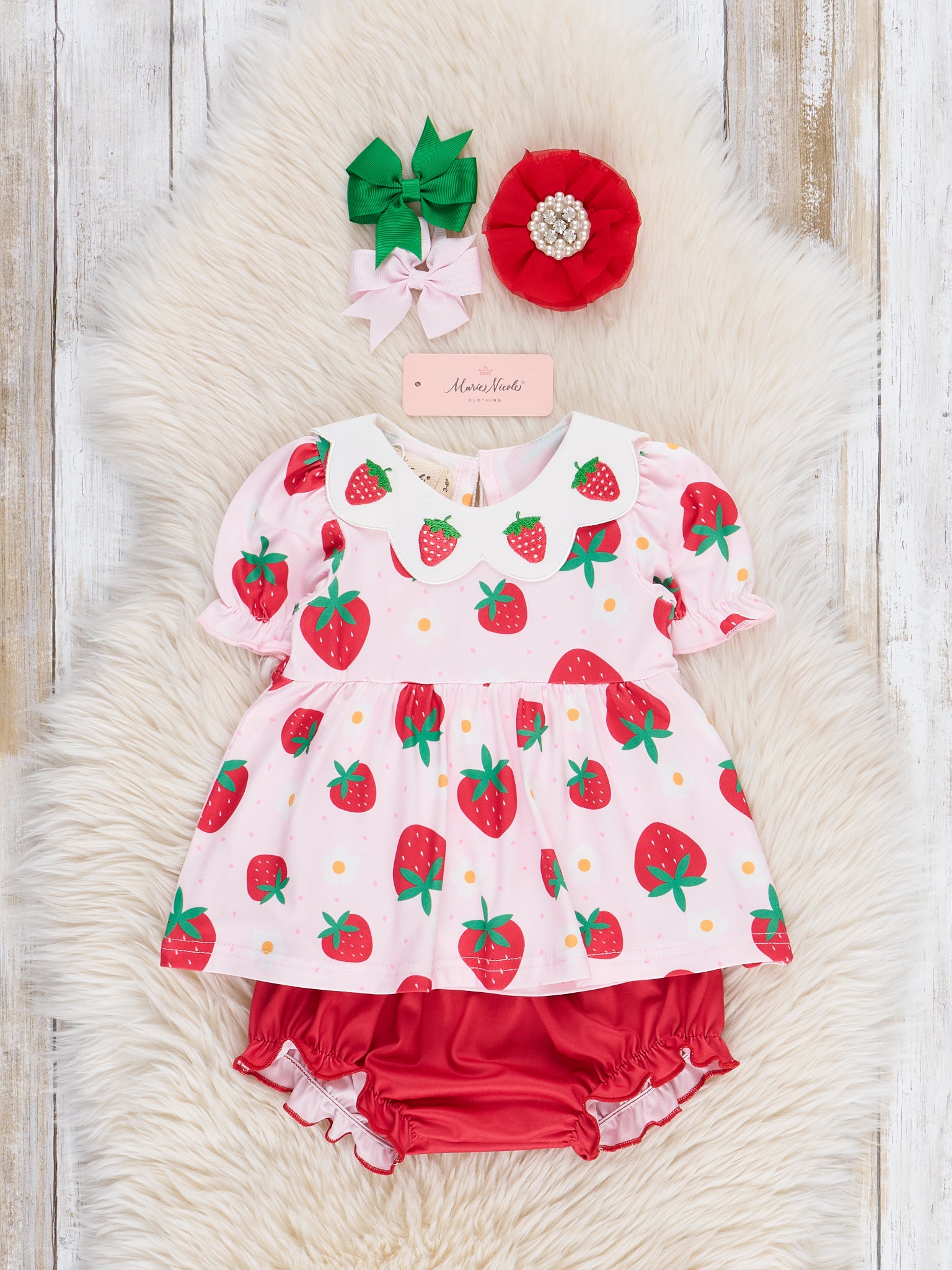 Strawberry Festival Puff Sleeve Bloomers Outfit - Marie Nicole Clothing