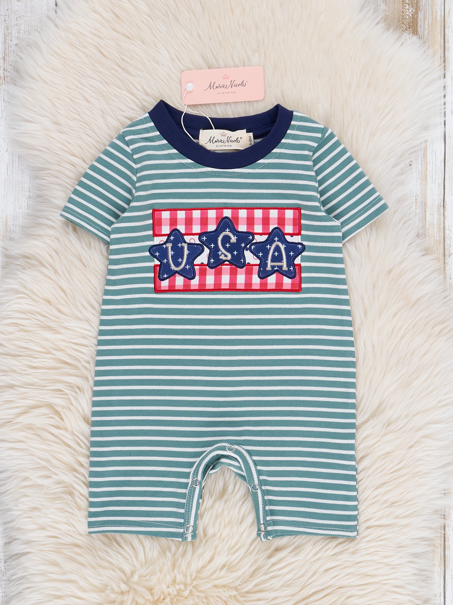 Green Striped Embroidered USA Romper - Marie Nicole Clothing