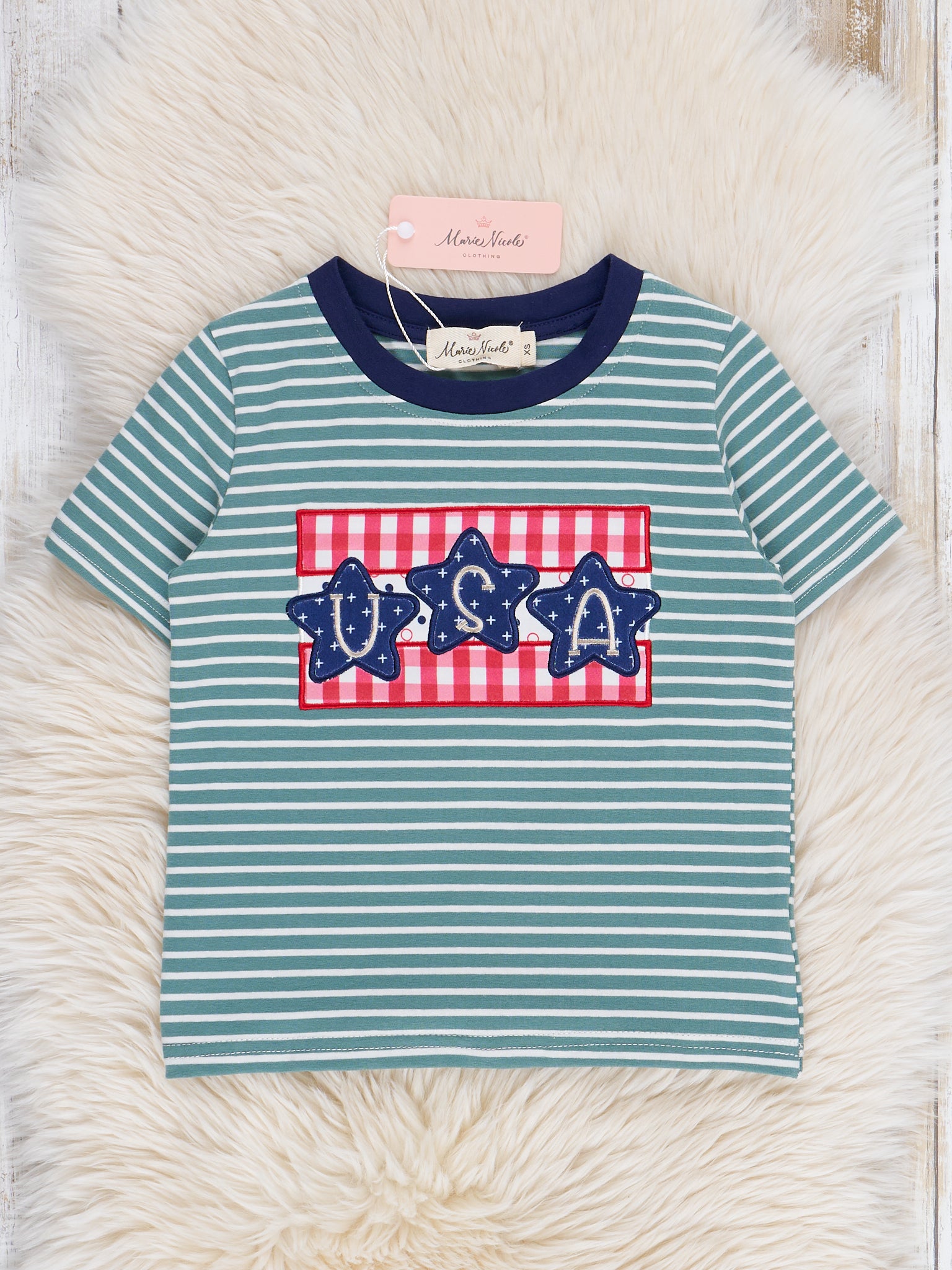 Green Striped Embroidered USA Shirt - Marie Nicole Clothing
