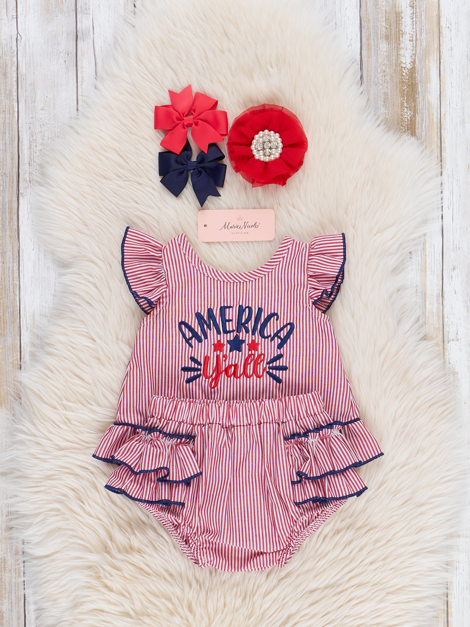 Red "America, Y'all" Cotton Bloomers Outfit - Marie Nicole Clothing