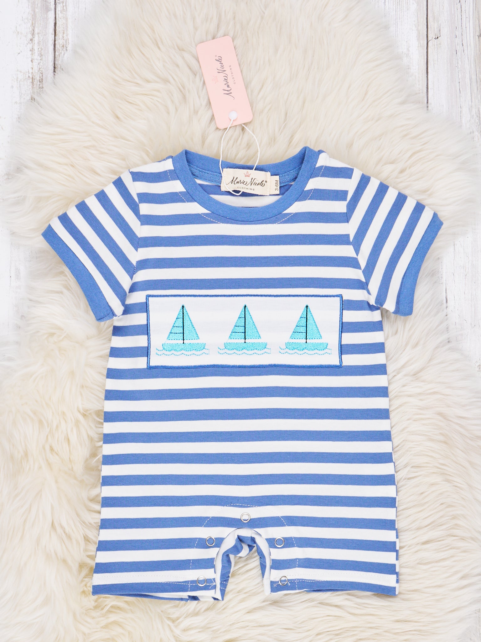 Smocked Stripe Sail Boat Romper - Marie Nicole Clothing