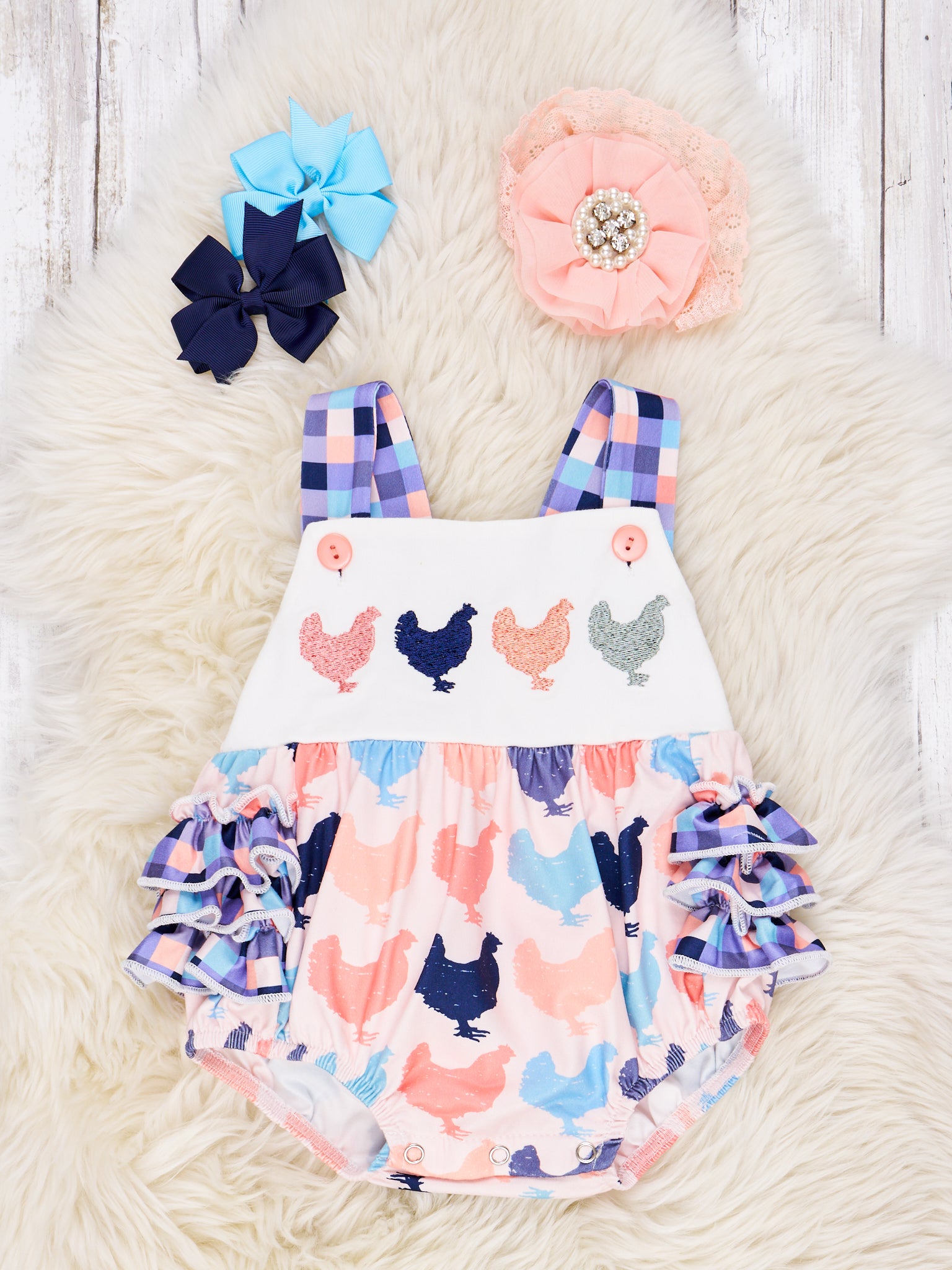Chicken Gingham Ruffle Romper - Marie Nicole Clothing