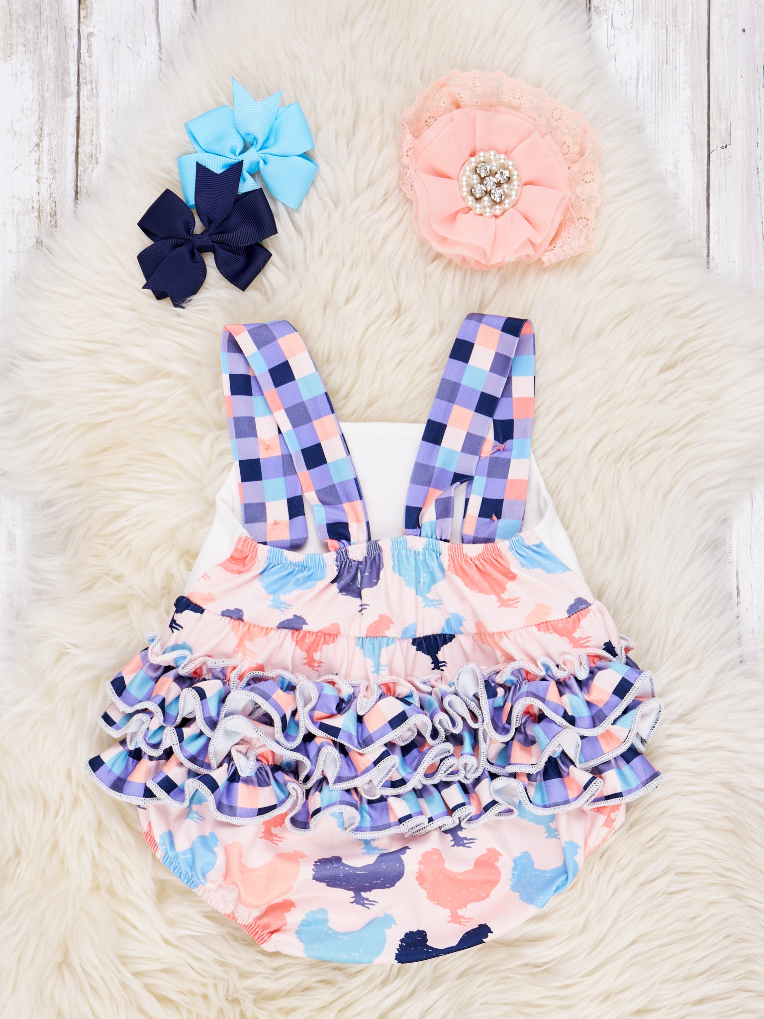 Chicken Gingham Ruffle Romper - Marie Nicole Clothing