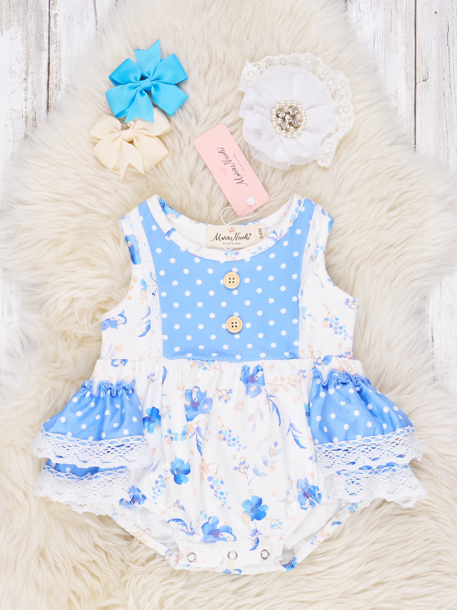 Polka Dot Cornflower Ruffle Romper - Marie Nicole Clothing