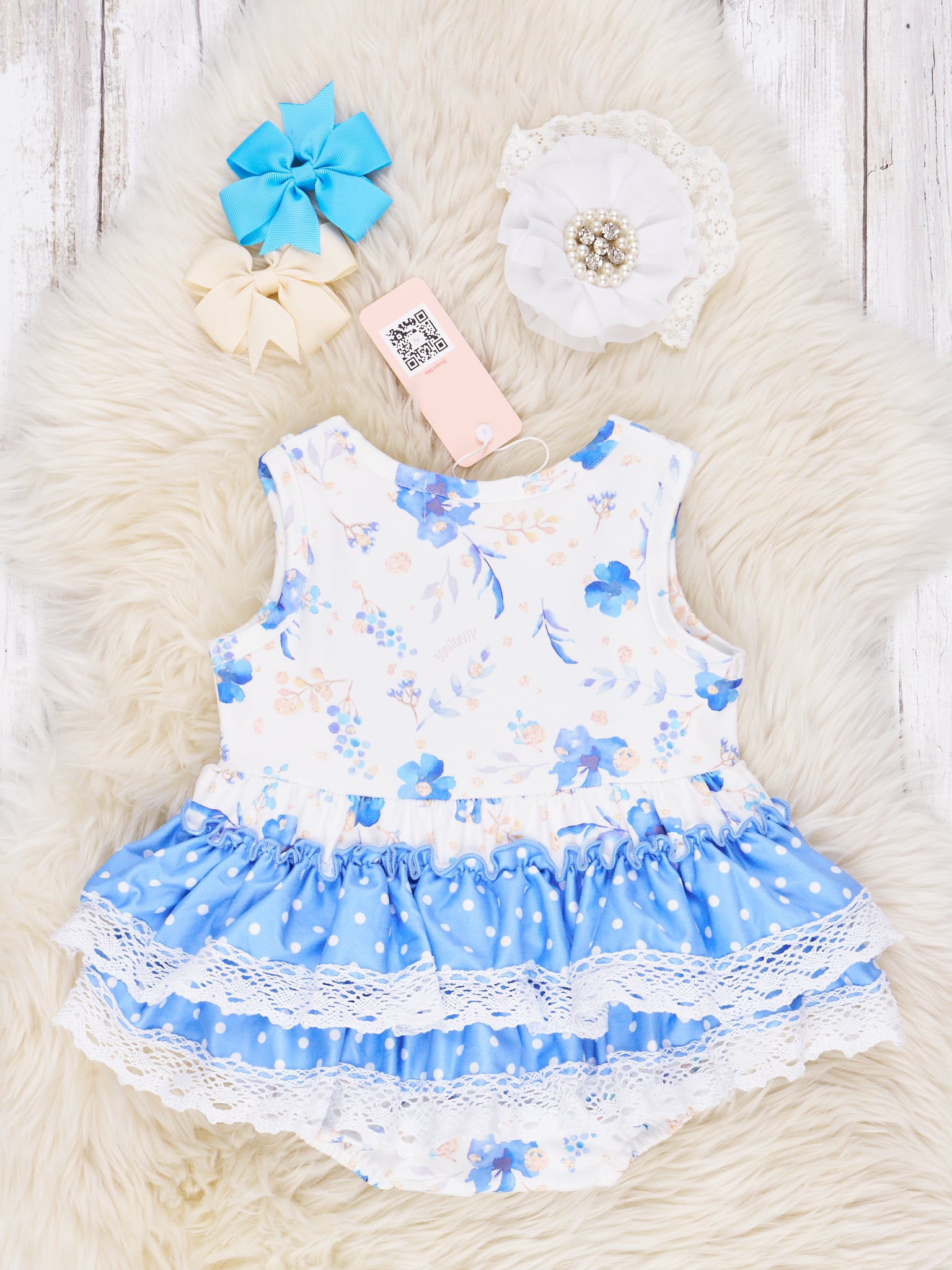 Polka Dot Cornflower Ruffle Romper - Marie Nicole Clothing