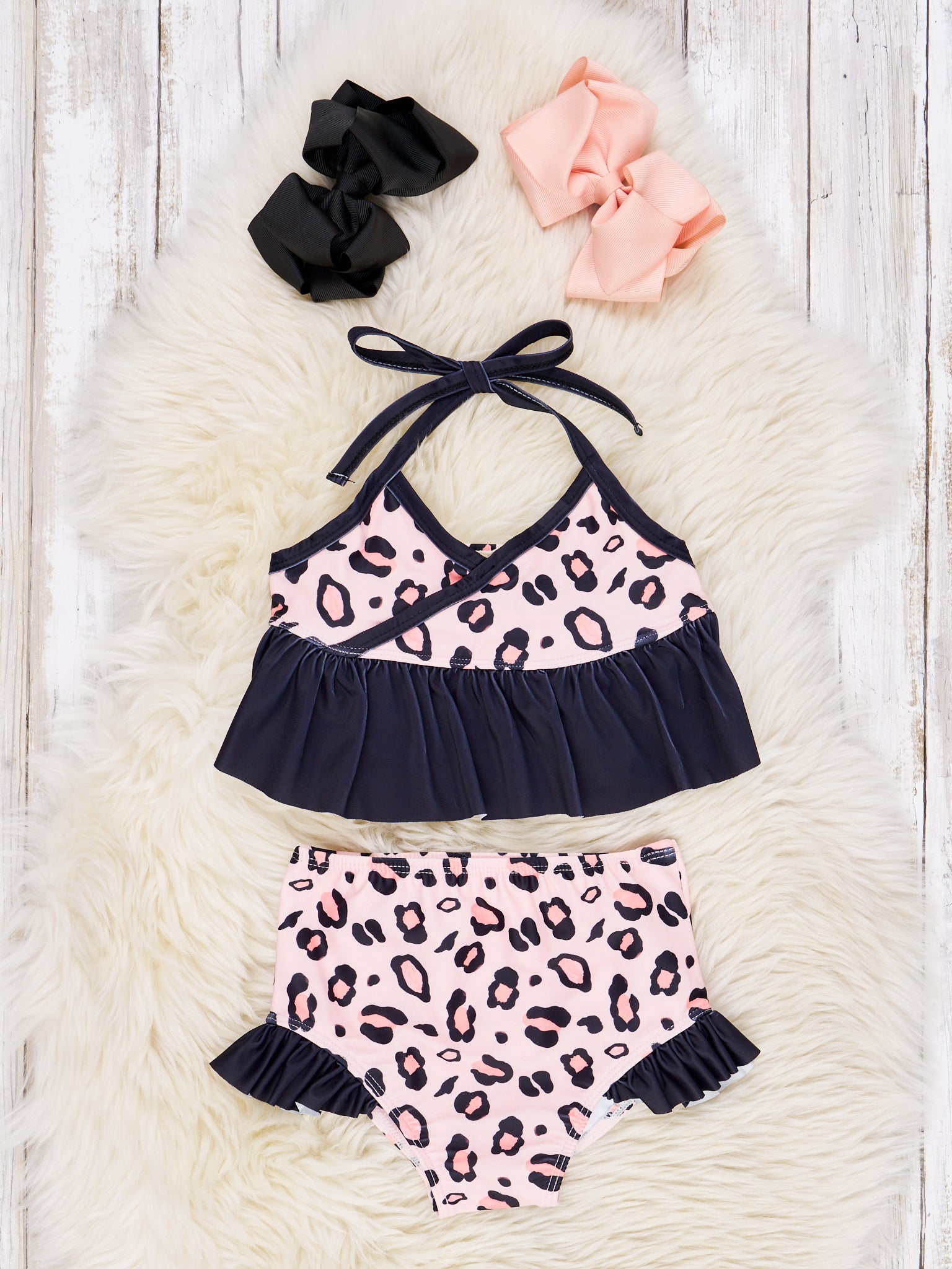 Peach Leopard Ruffle Tie Swimsuit - Marie Nicole Clothing