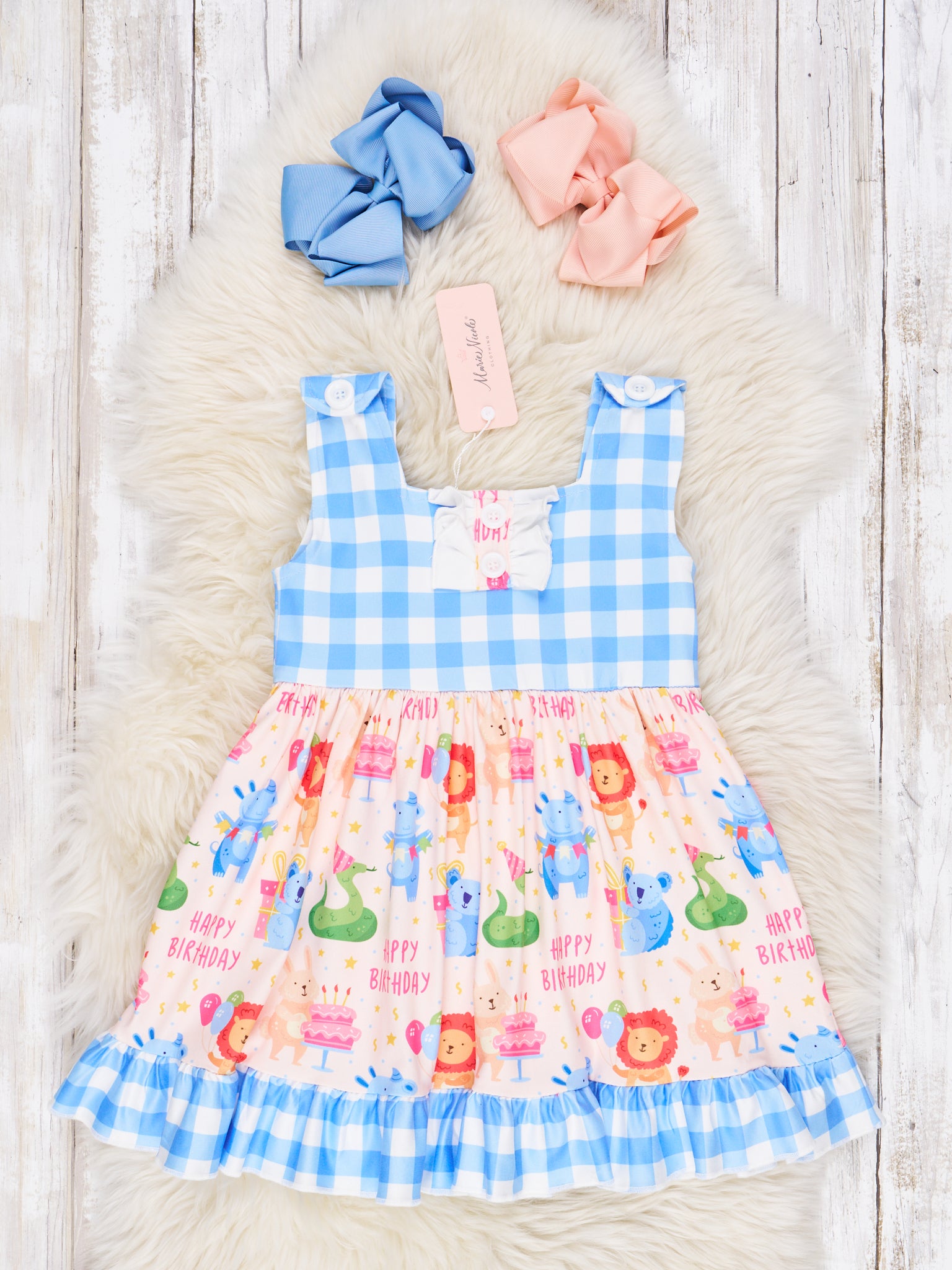 "Happy Birthday" Gingham Ruffle Dress - Marie Nicole Clothing
