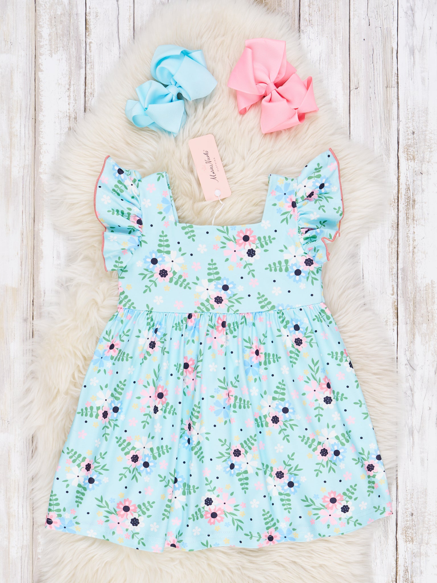 Pink & Blue Floral Ruffle Dress - Marie Nicole Clothing