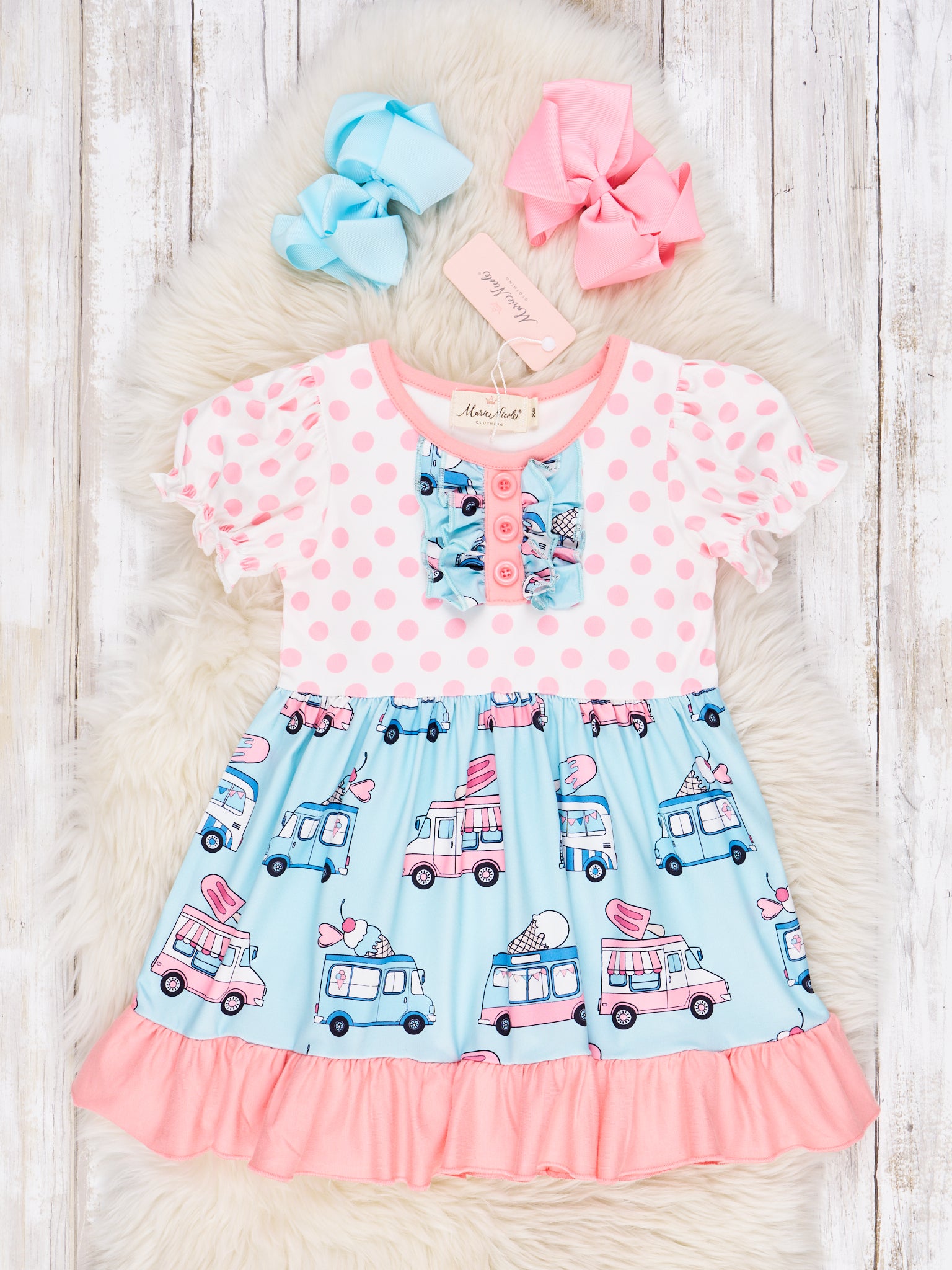 Polka Dot Ice Cream Truck Ruffle Dress - Marie Nicole Clothing