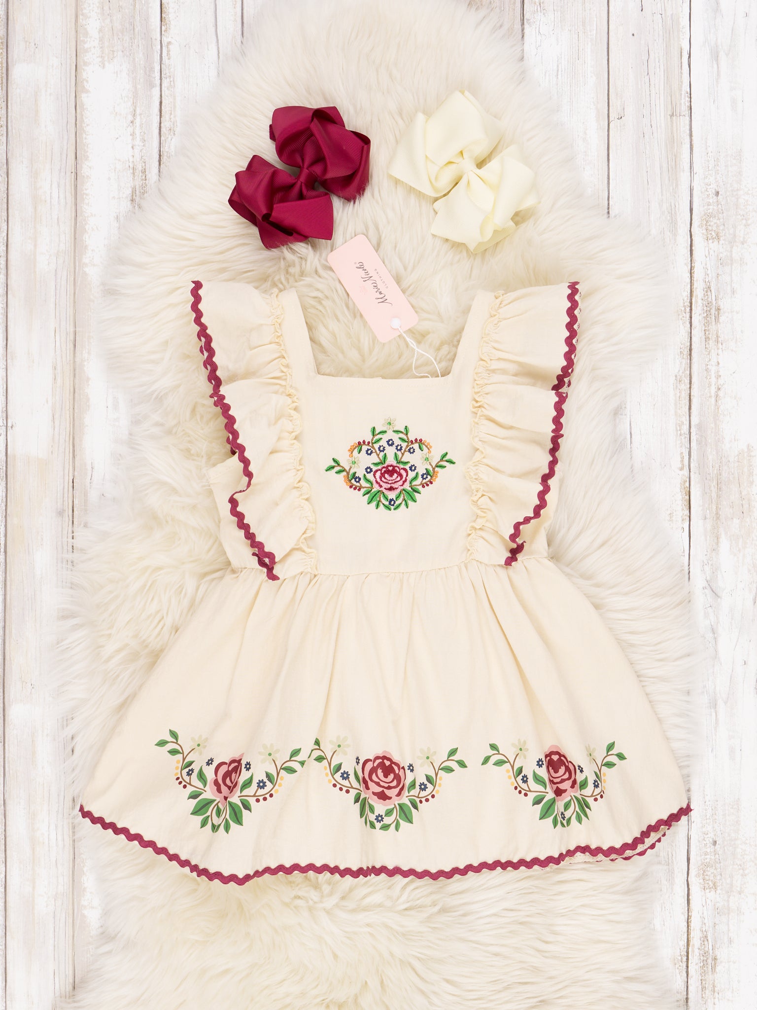 Cream Rose Ruffle Dress - Marie Nicole Clothing
