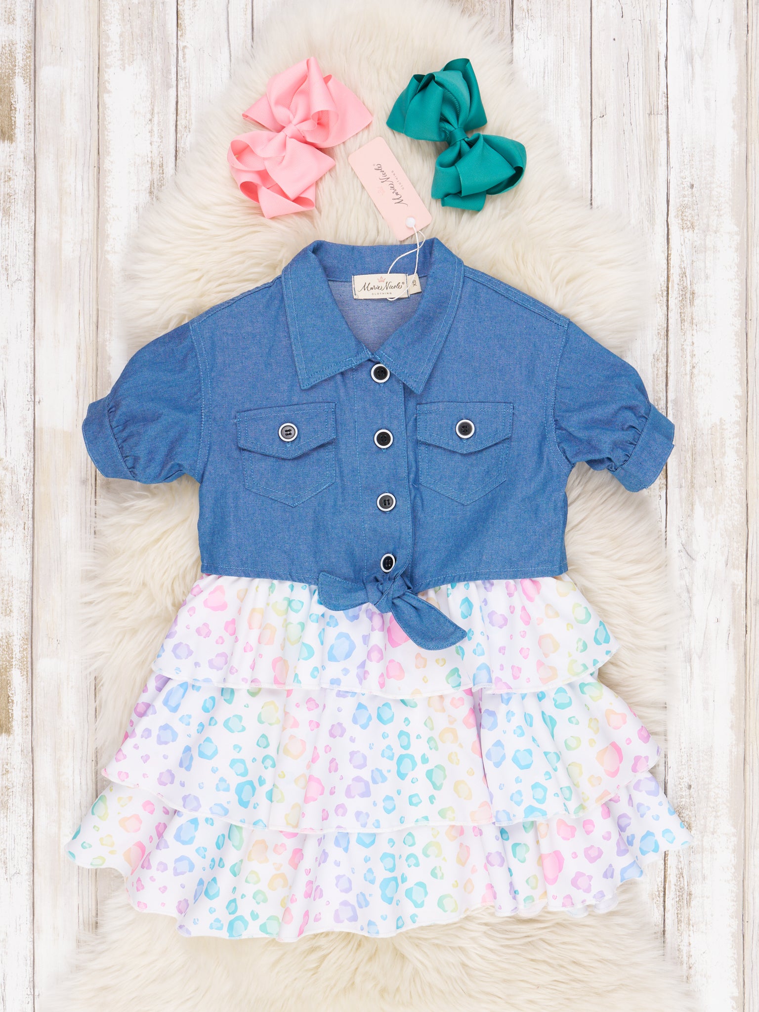 Chambray Tiered Rainbow Leopard Dress - Marie Nicole Clothing