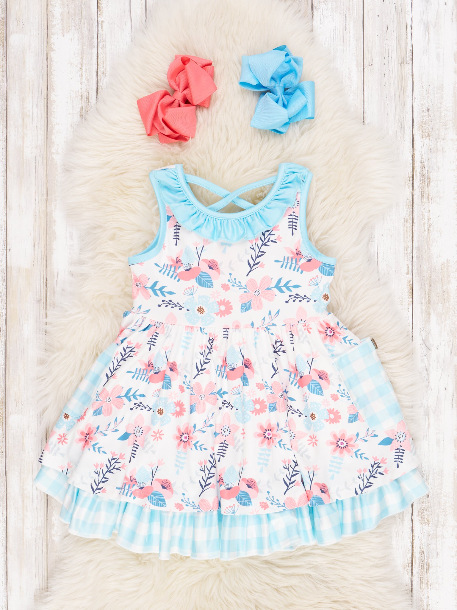 Blue Gingham Floral Tank Ruffle Dress - Marie Nicole Clothing