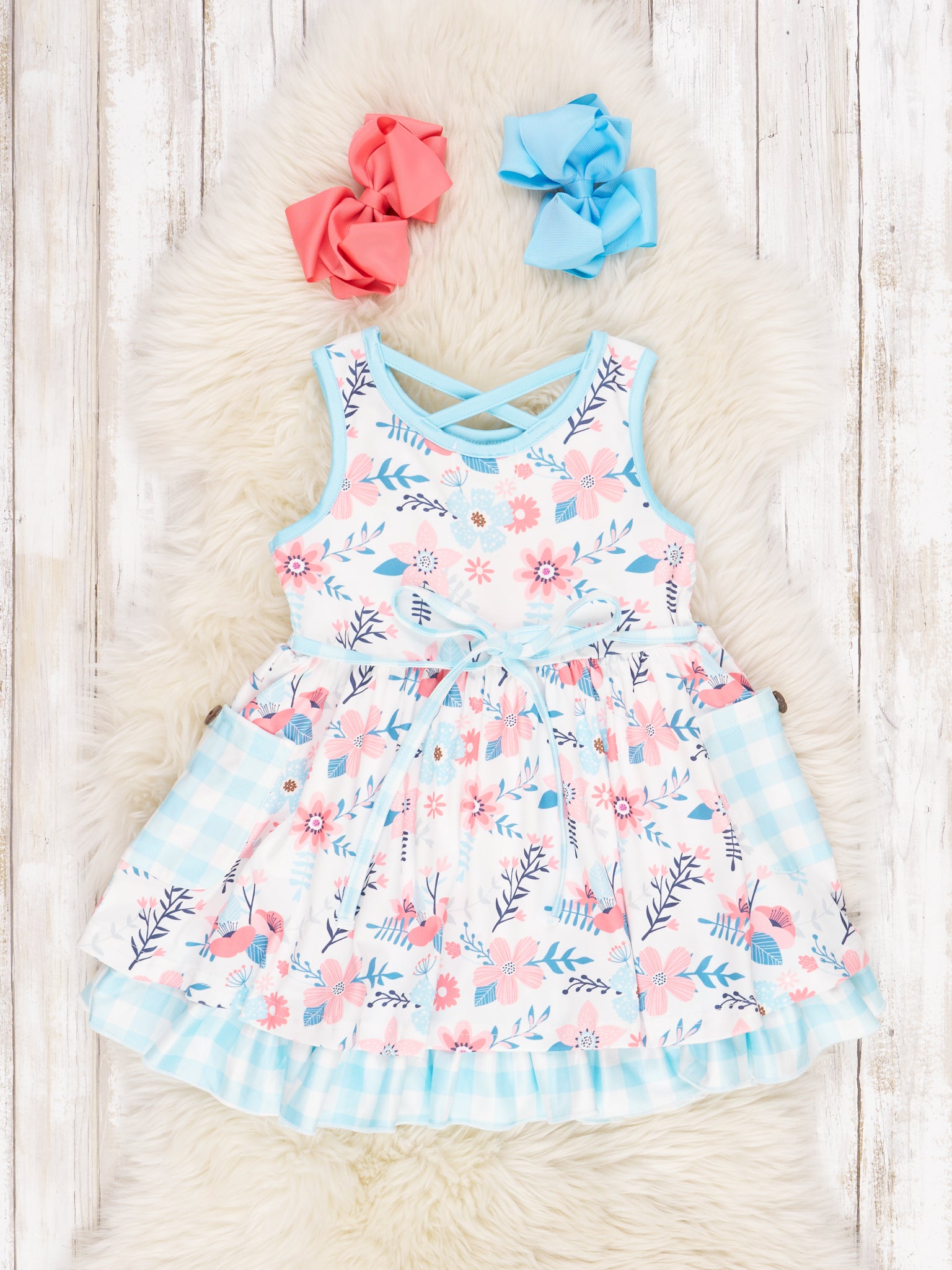 Blue Gingham Floral Tank Ruffle Dress - Marie Nicole Clothing