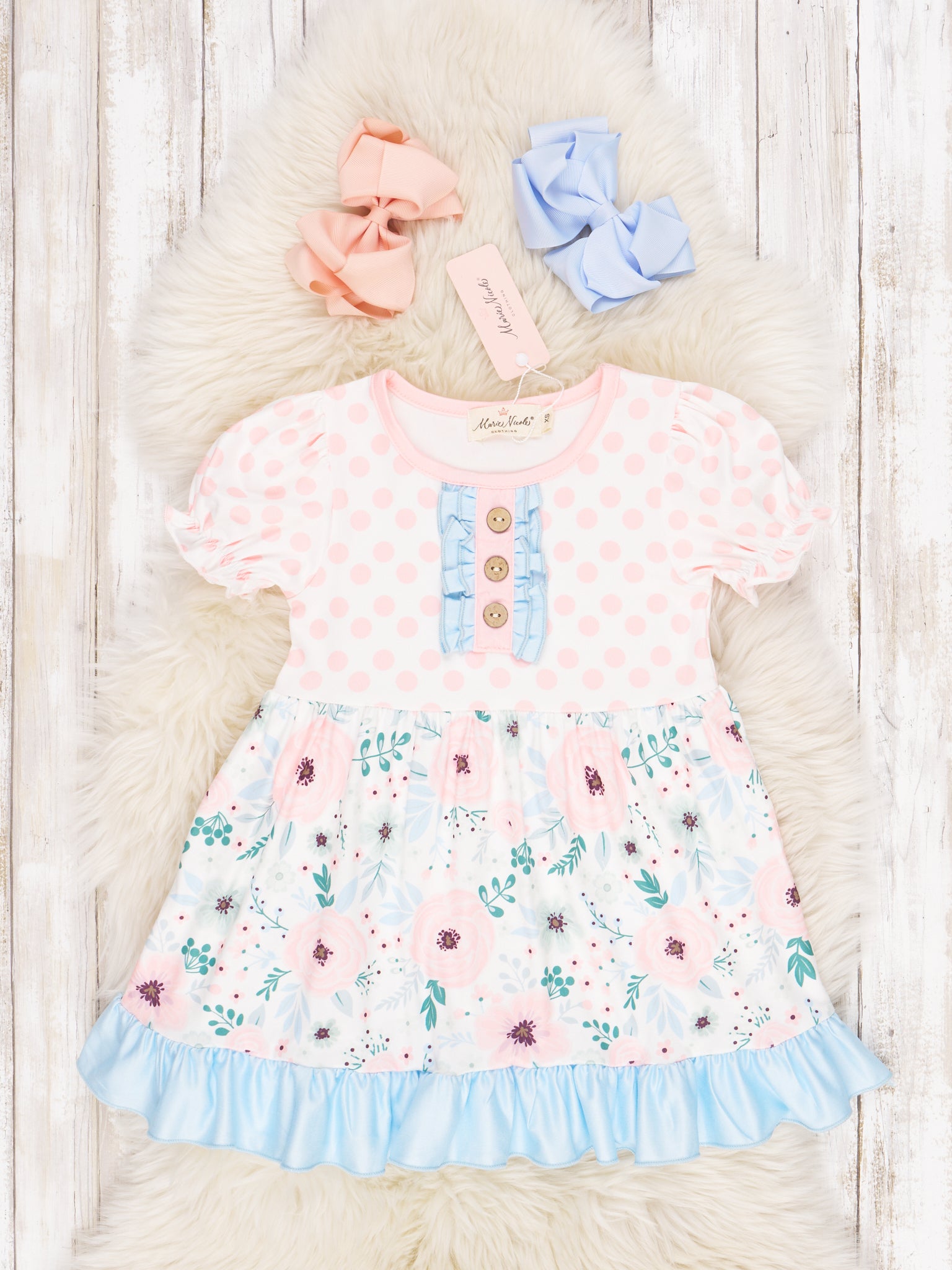 Pastel Polka Dot Floral Ruffle Dress - Marie Nicole Clothing